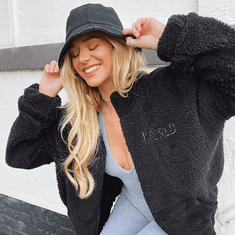 Trendy Letters Embroidered Lamb Velvet Long-Sleeved Jacket
