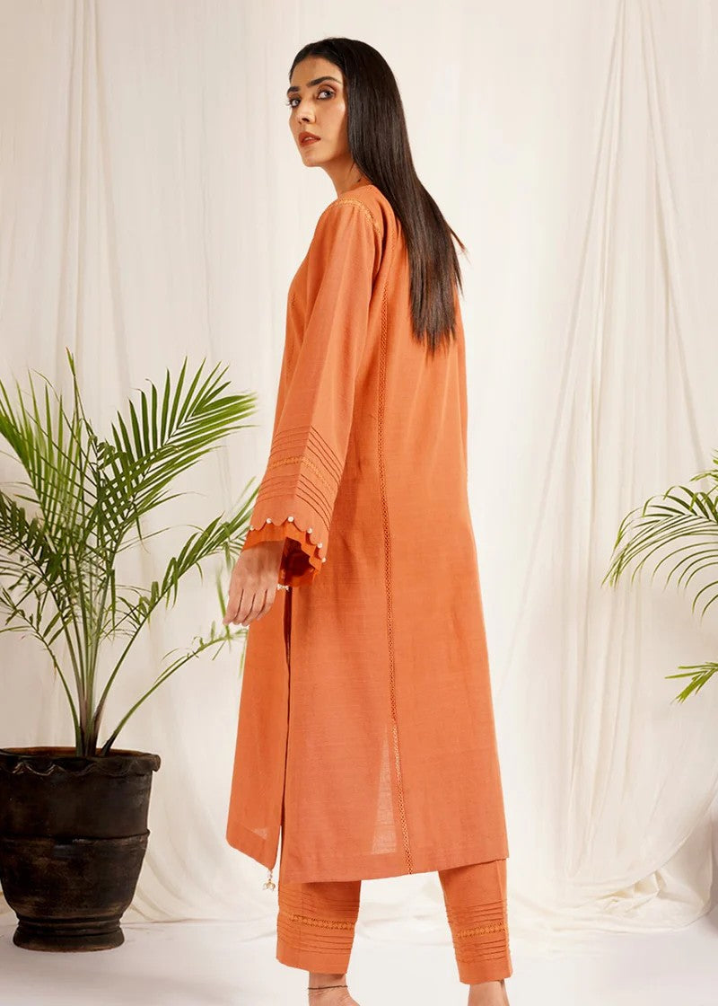 khaddar Kurta Set in Coral orange