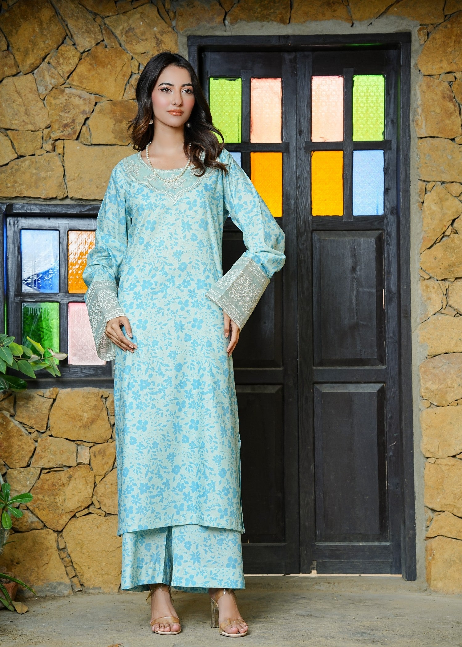 swiss lawn Kurta Set in Ice blue