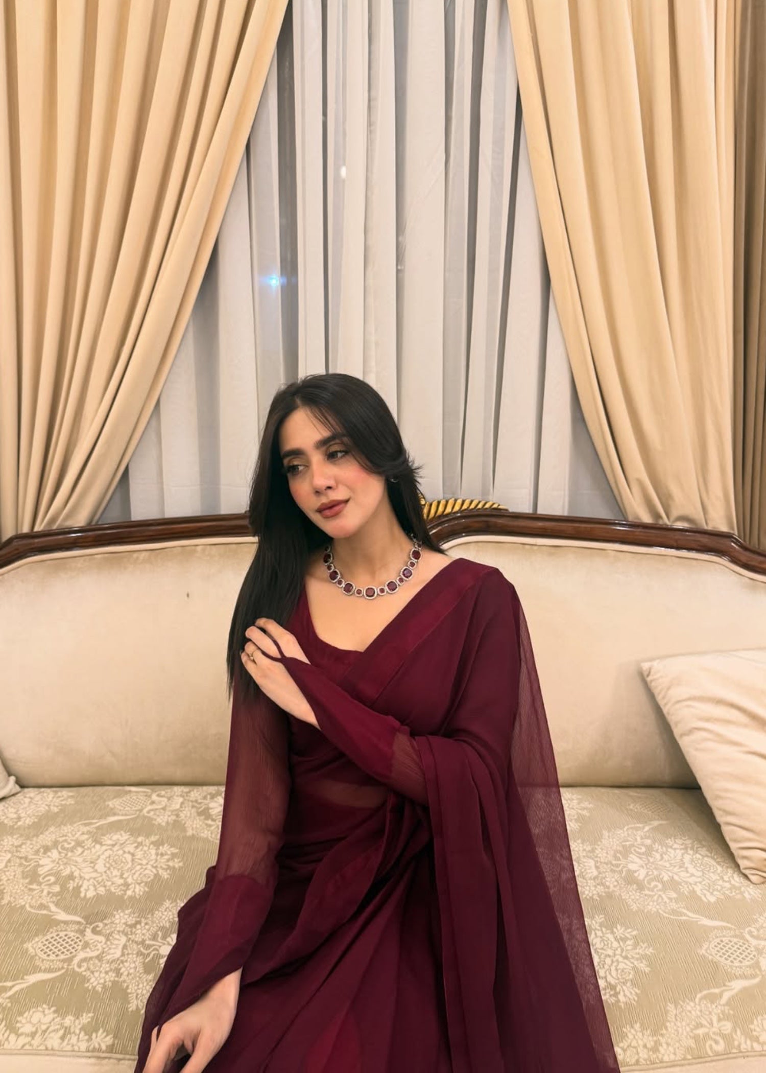 chiffon Saree in Blood red, maroon