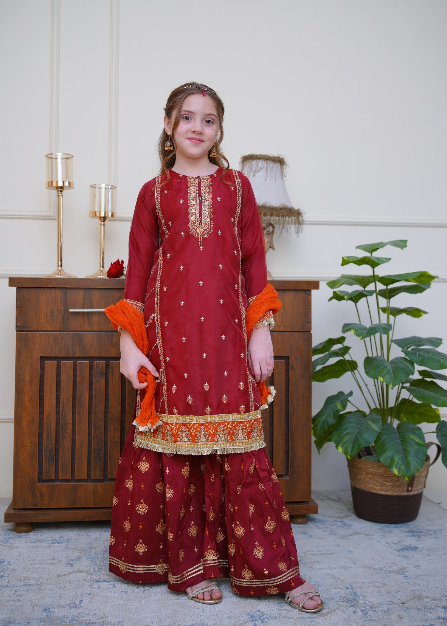 organza Gharara in Deep carmine