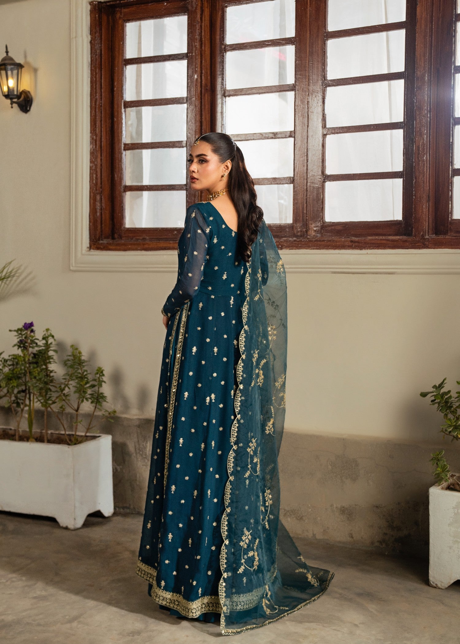 chiffon Pishwas in Bottle green