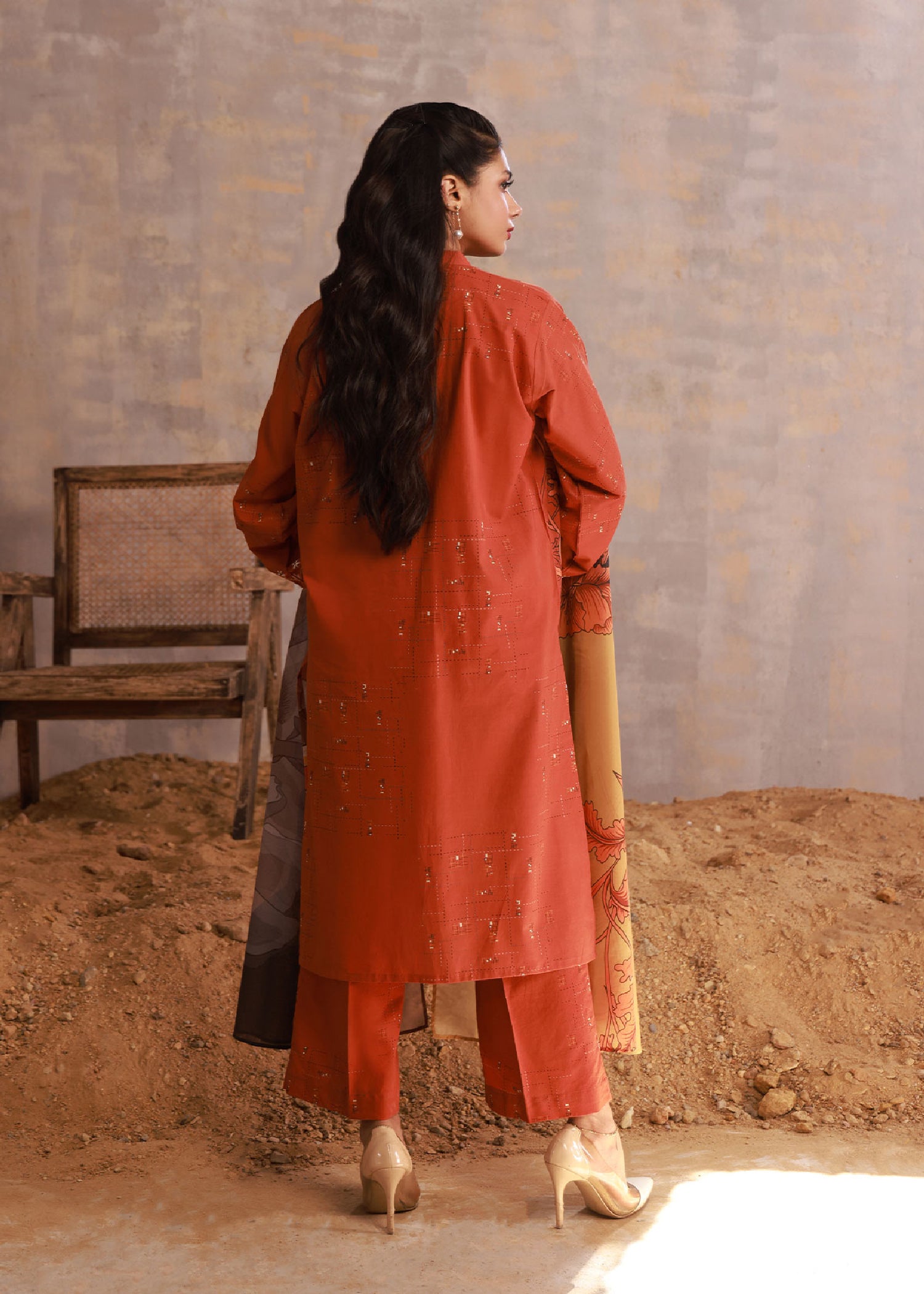 cambric Kurta Set in Rust orange