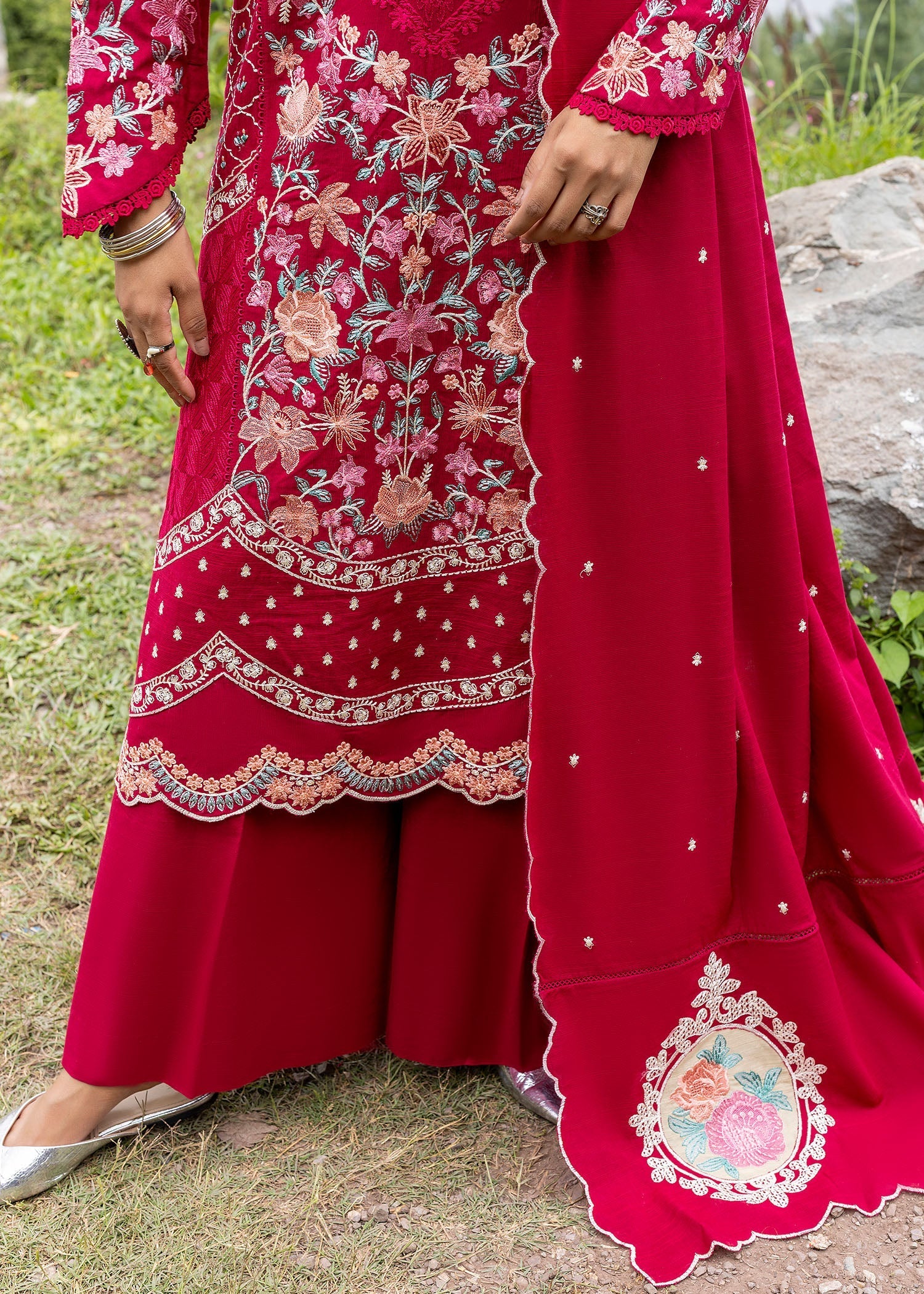 khaddar Kurta Set in Hot pink red