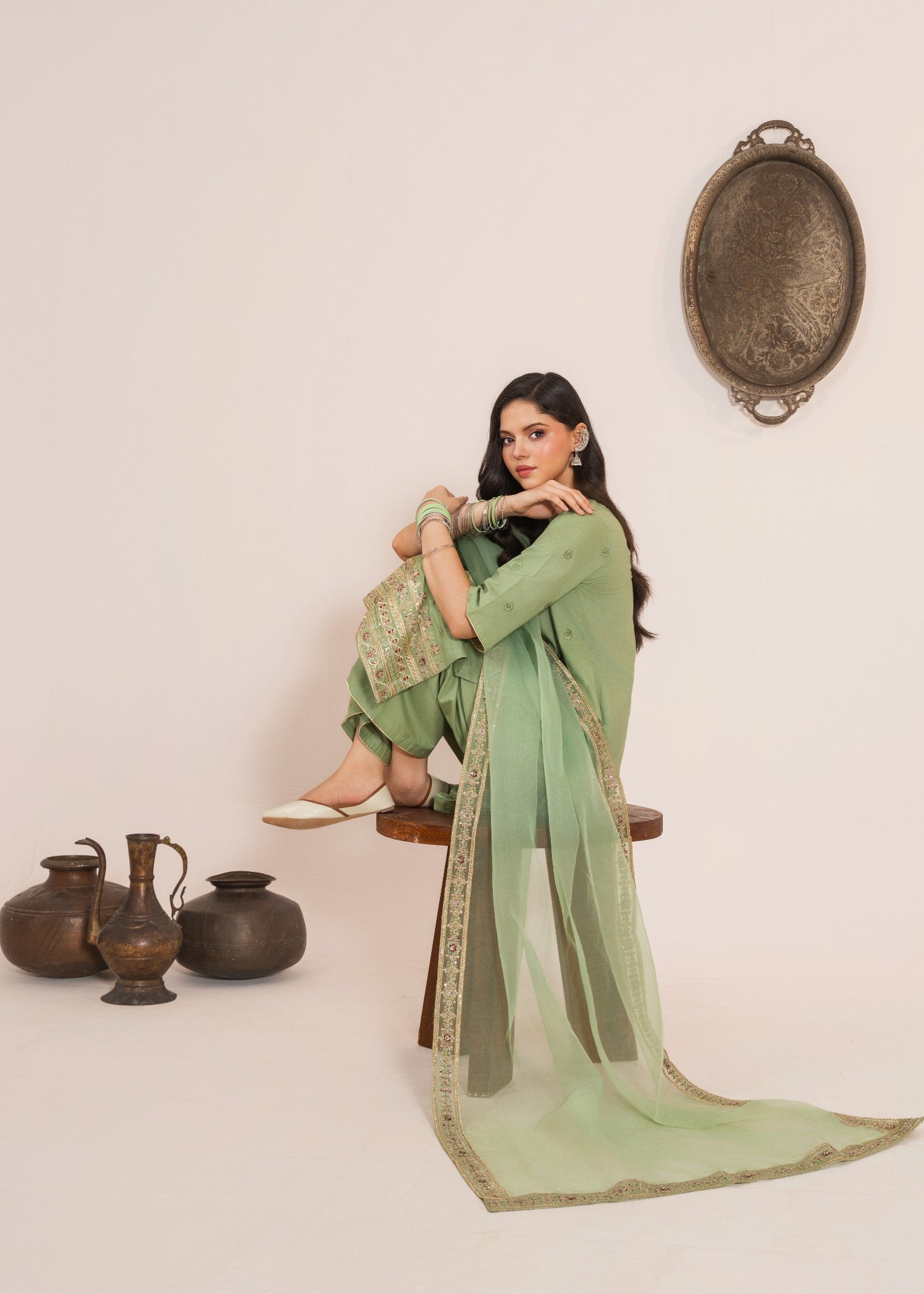 lawn Kurta Set in Pistachio green, gold