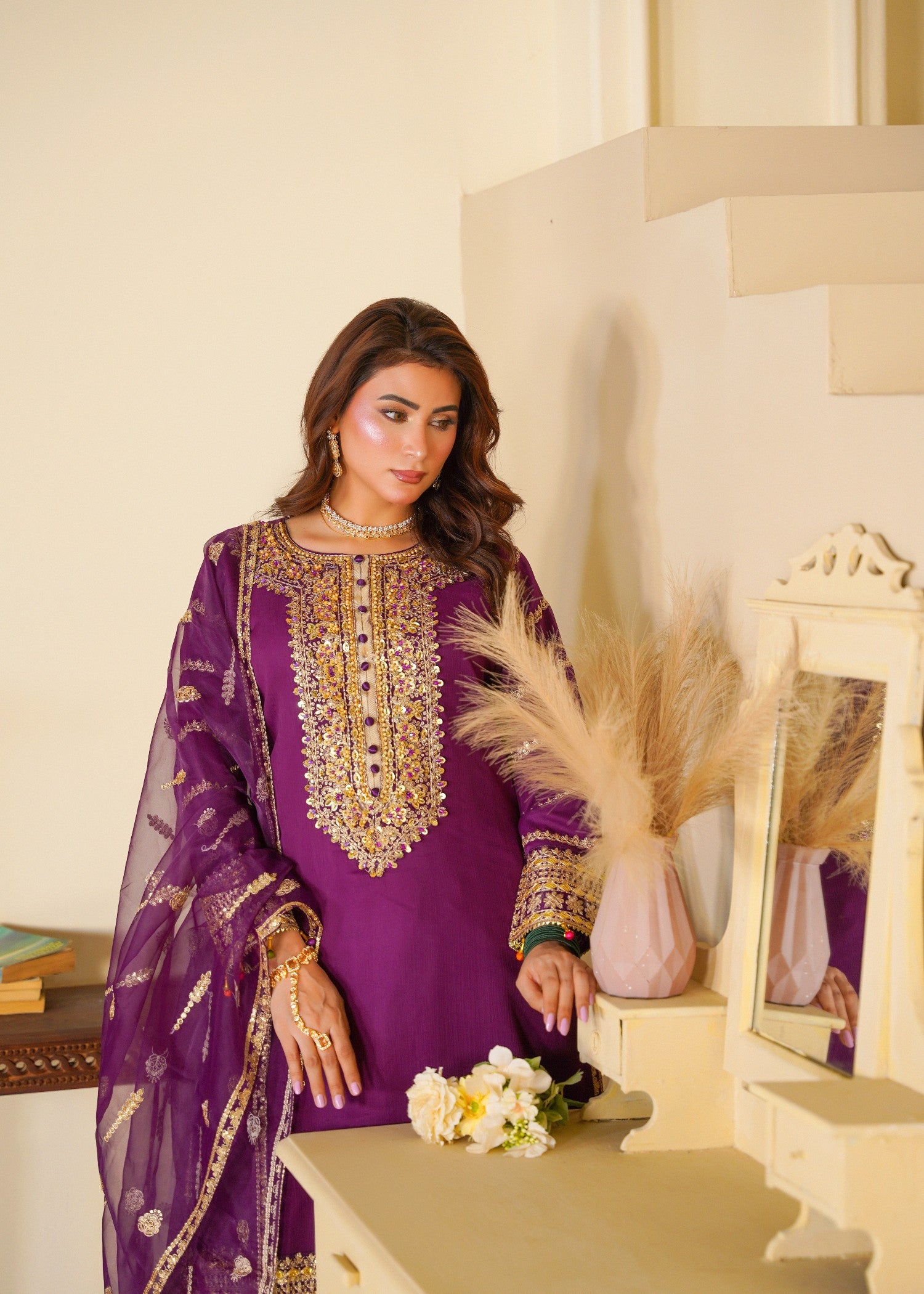 chiffon Sharara in Purple, gold