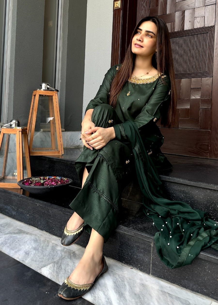 cotton silk Kurta Set in Bottle green