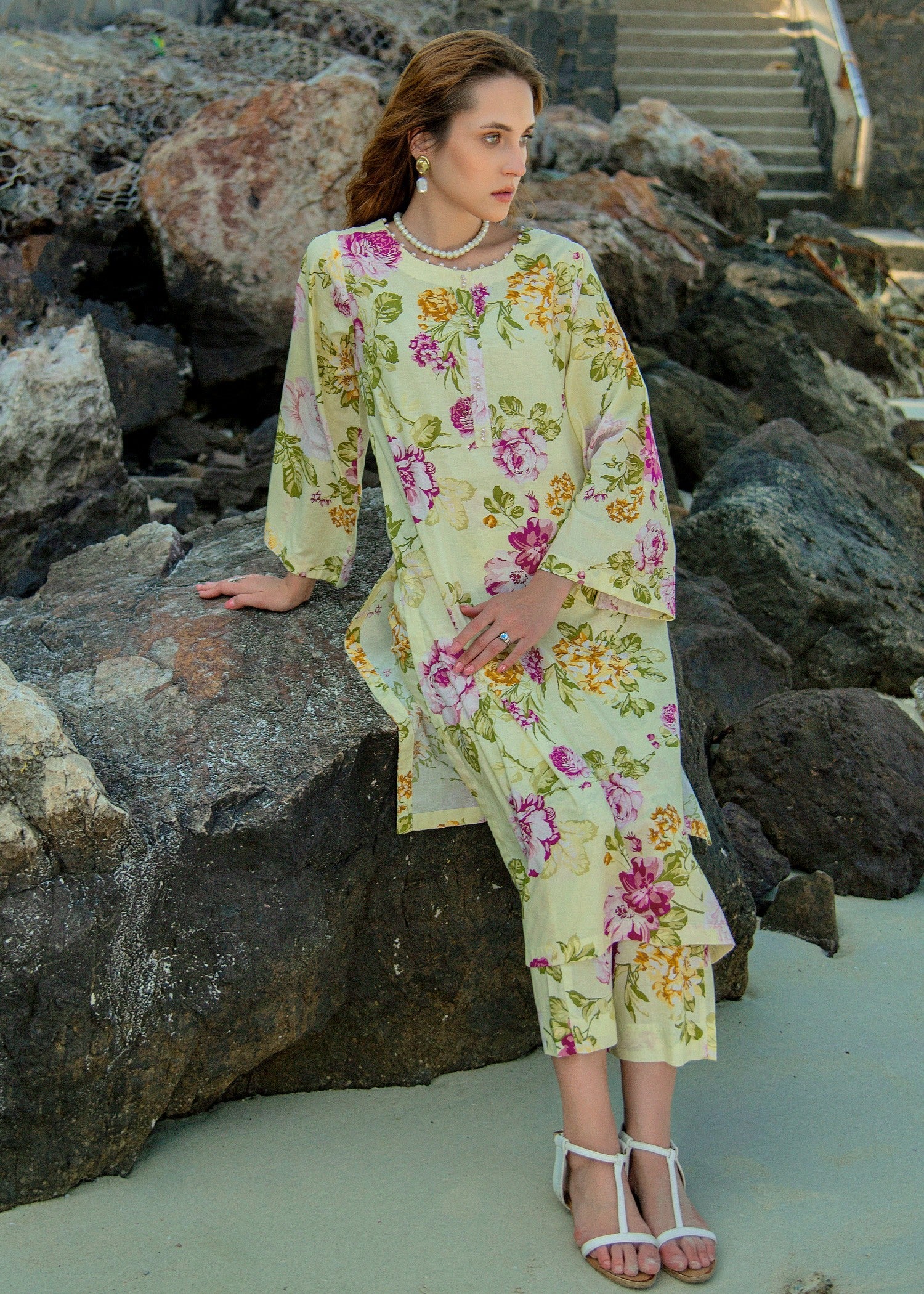 lawn cotton Co Ord Sets in Pale yellow