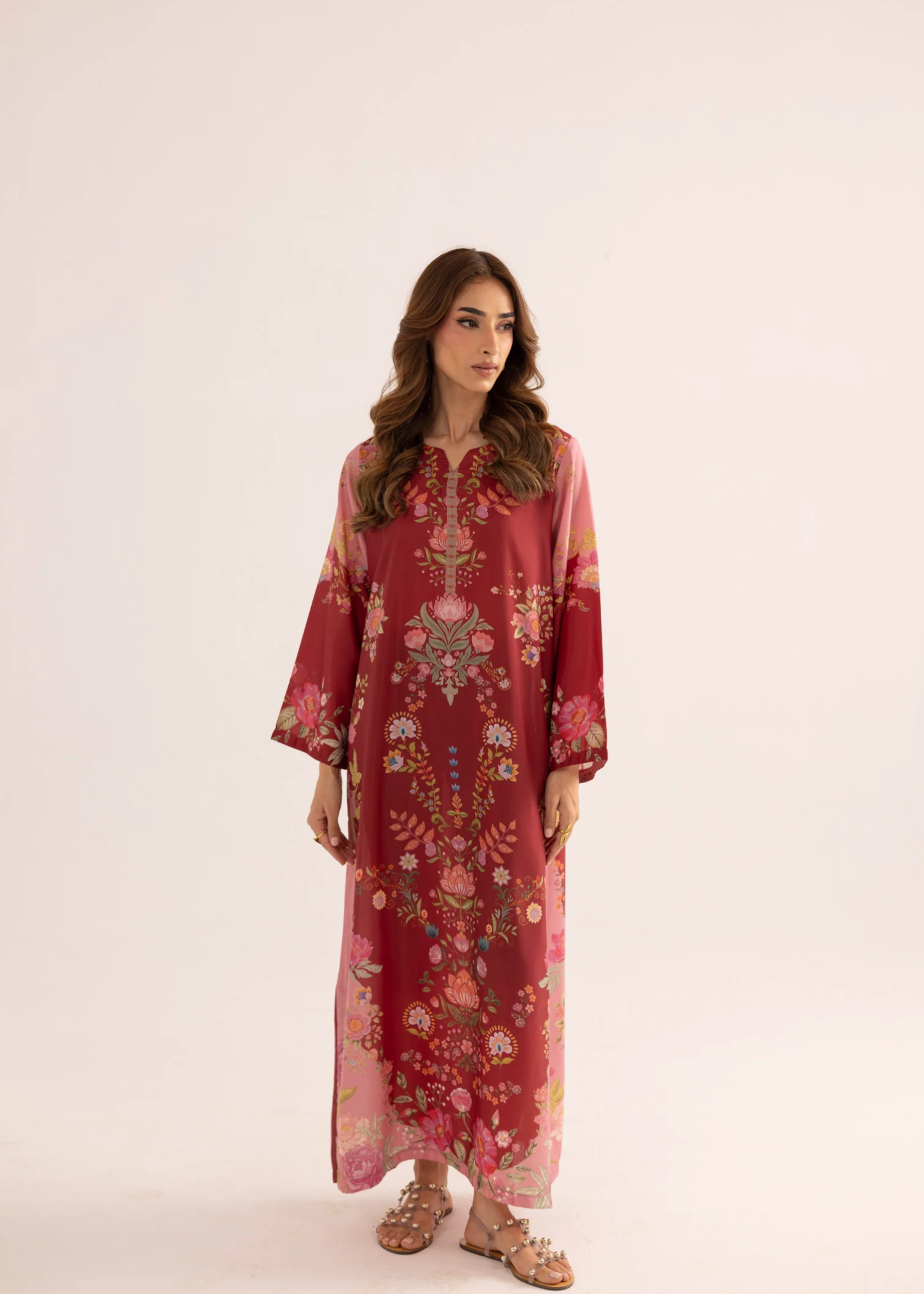 silk finish lawn Kaftan in Blood red