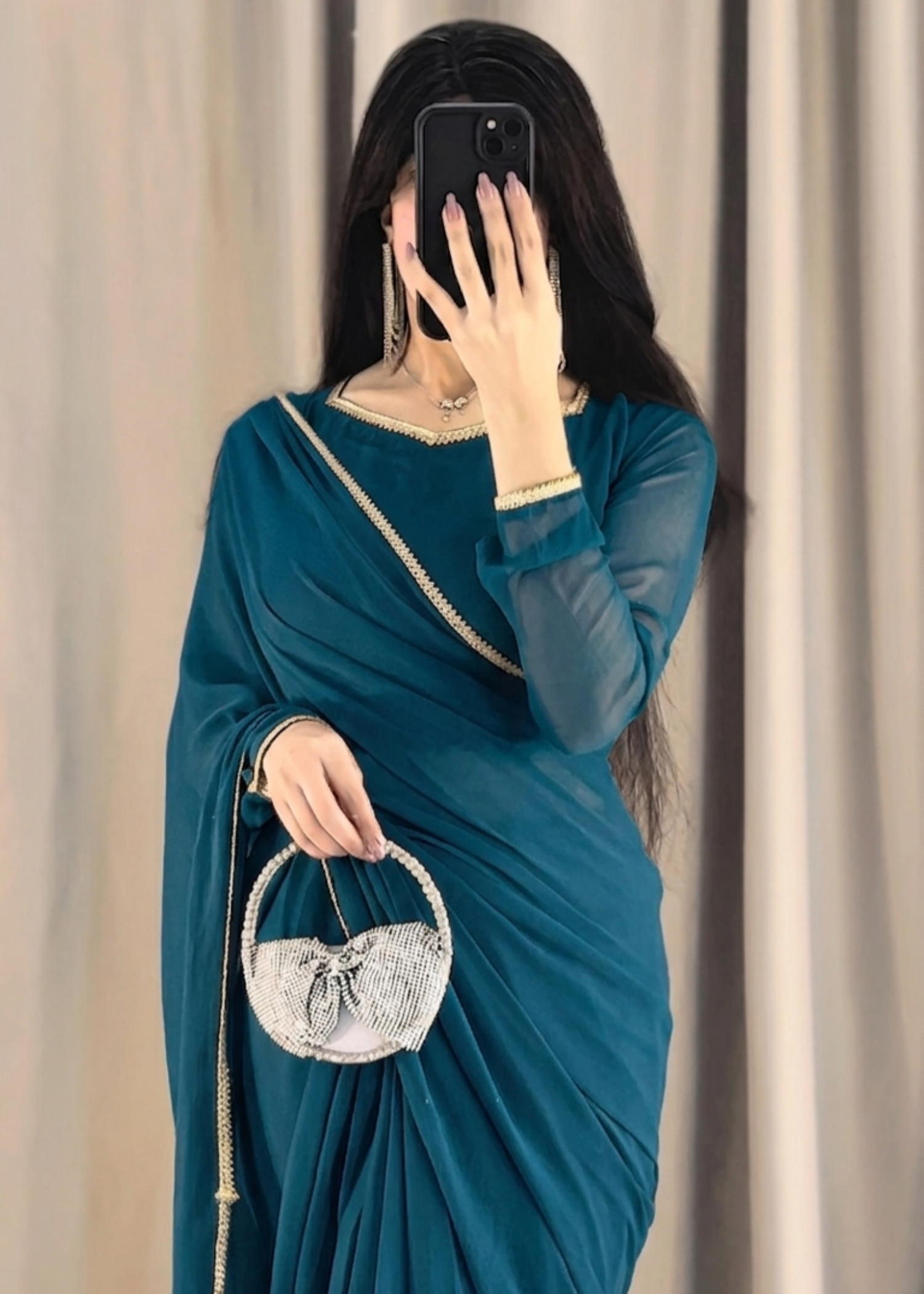 chiffon Saree in Teal