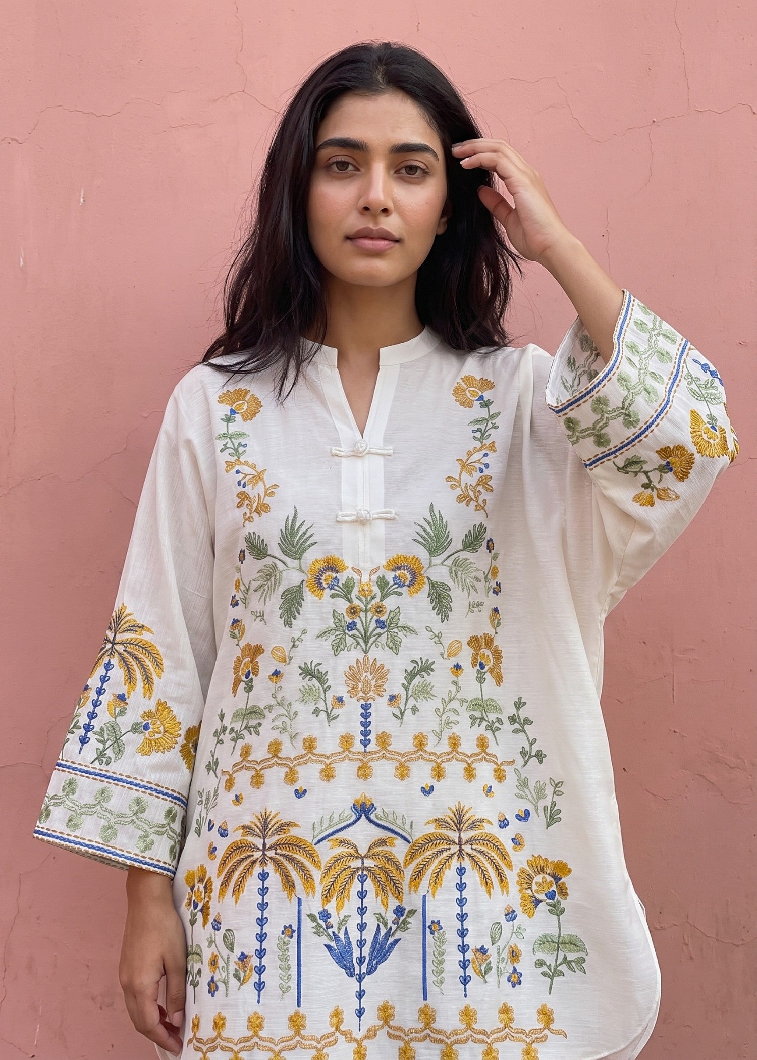 cotton Kurta Set in Off-white, midnight blue