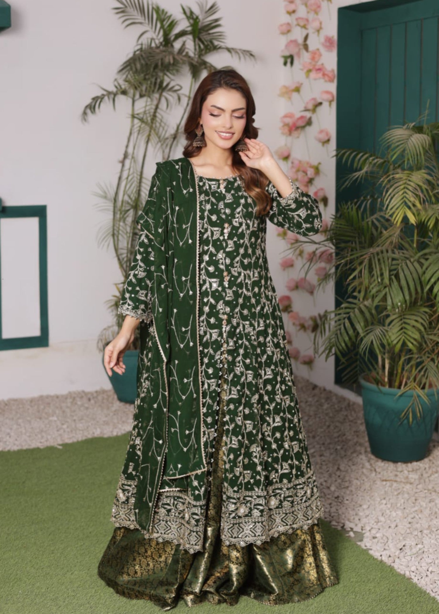 bemberg crinkle chiffon Lehenga in Bottle green