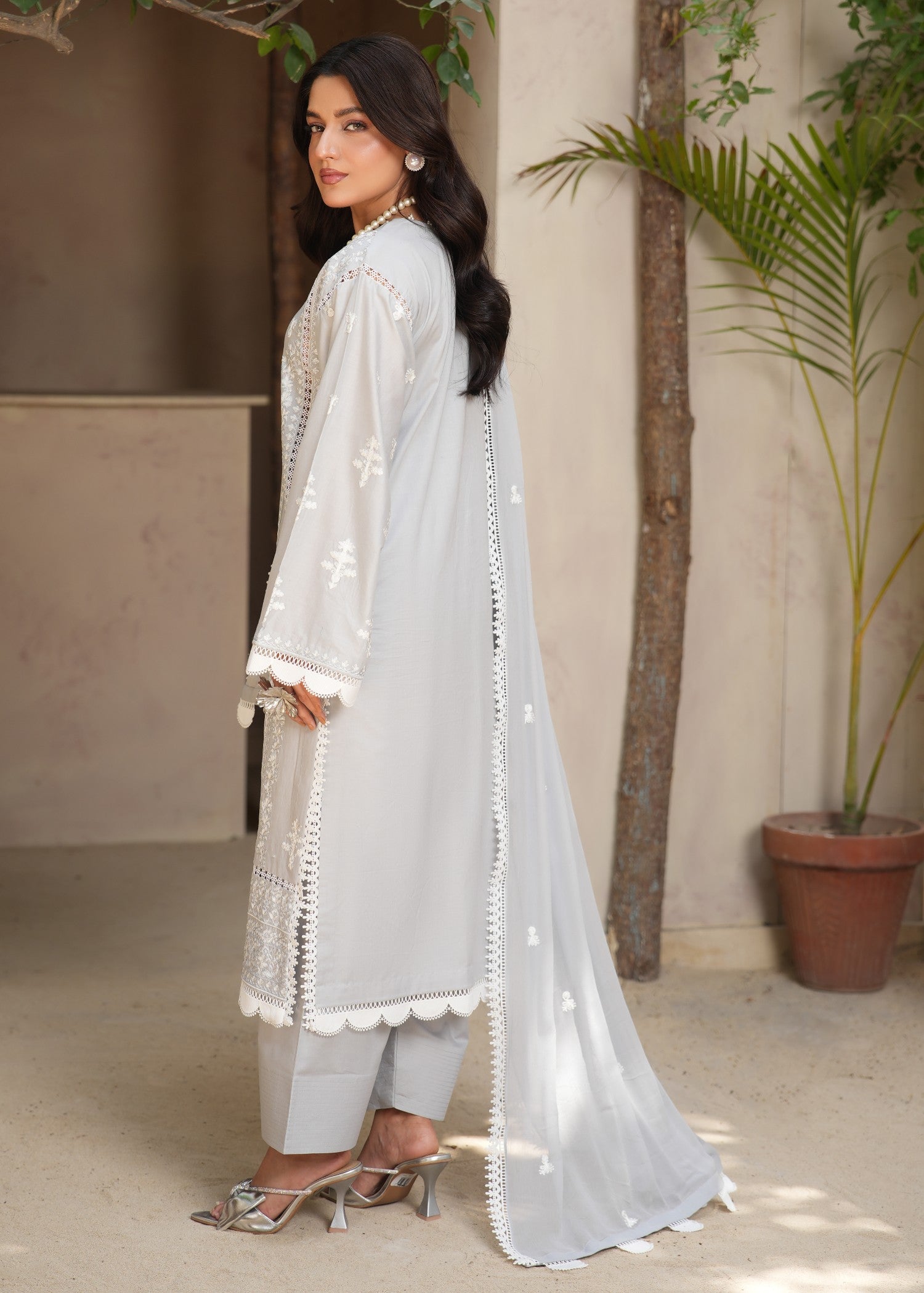 lawn Kurta Set in Ash grey, silver
