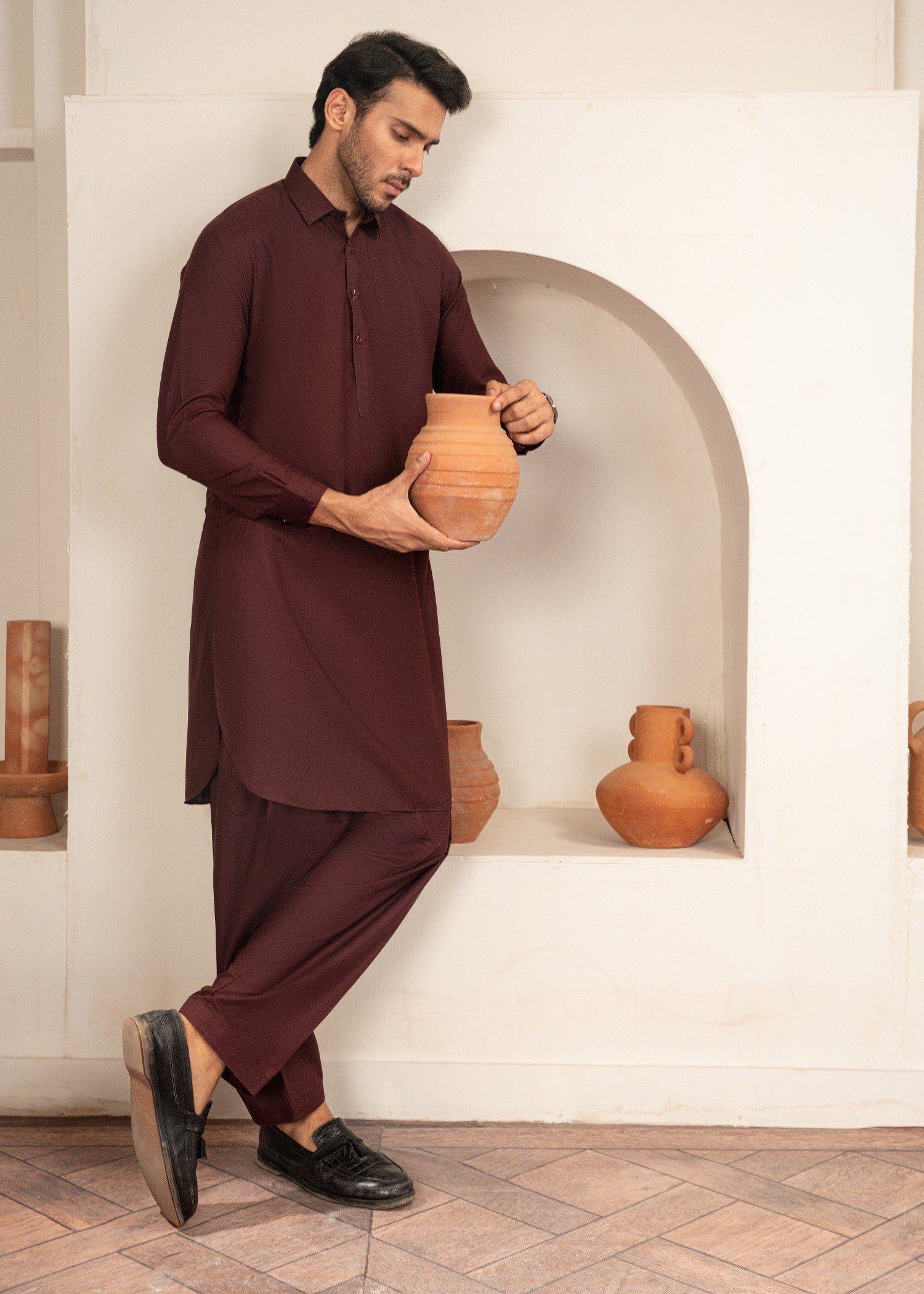 wash & wear Shalwar Kameez in Maroon by Buraq