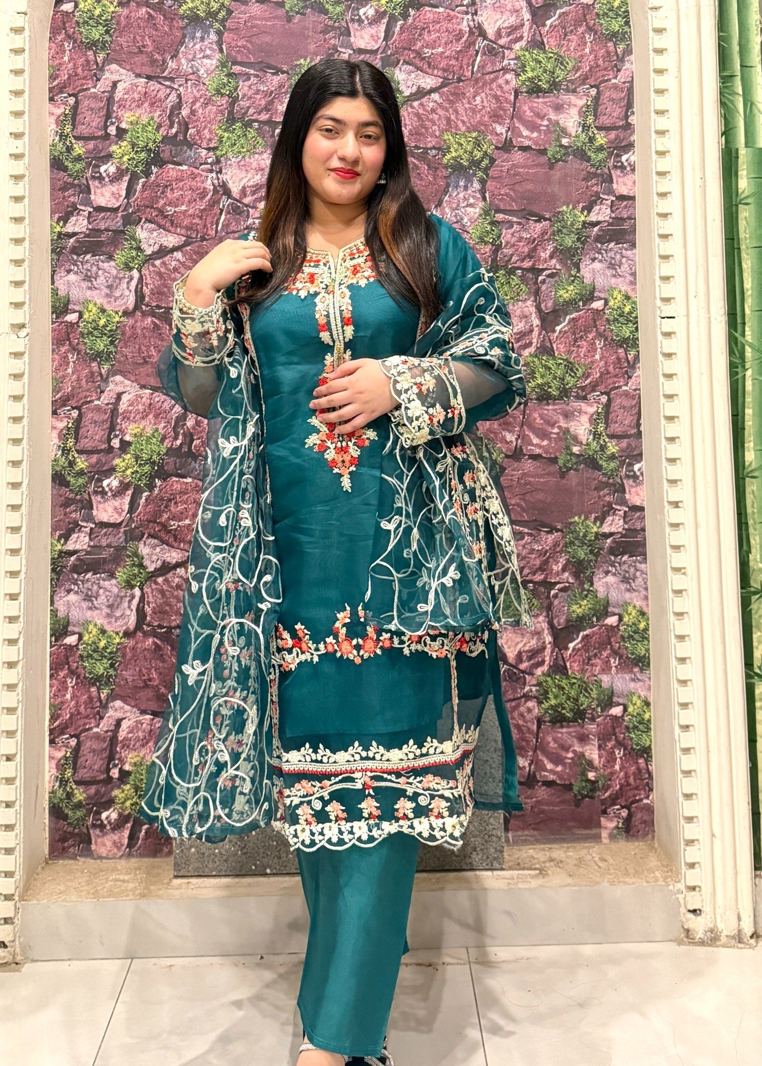 organza Kurta Set in Dark cyan