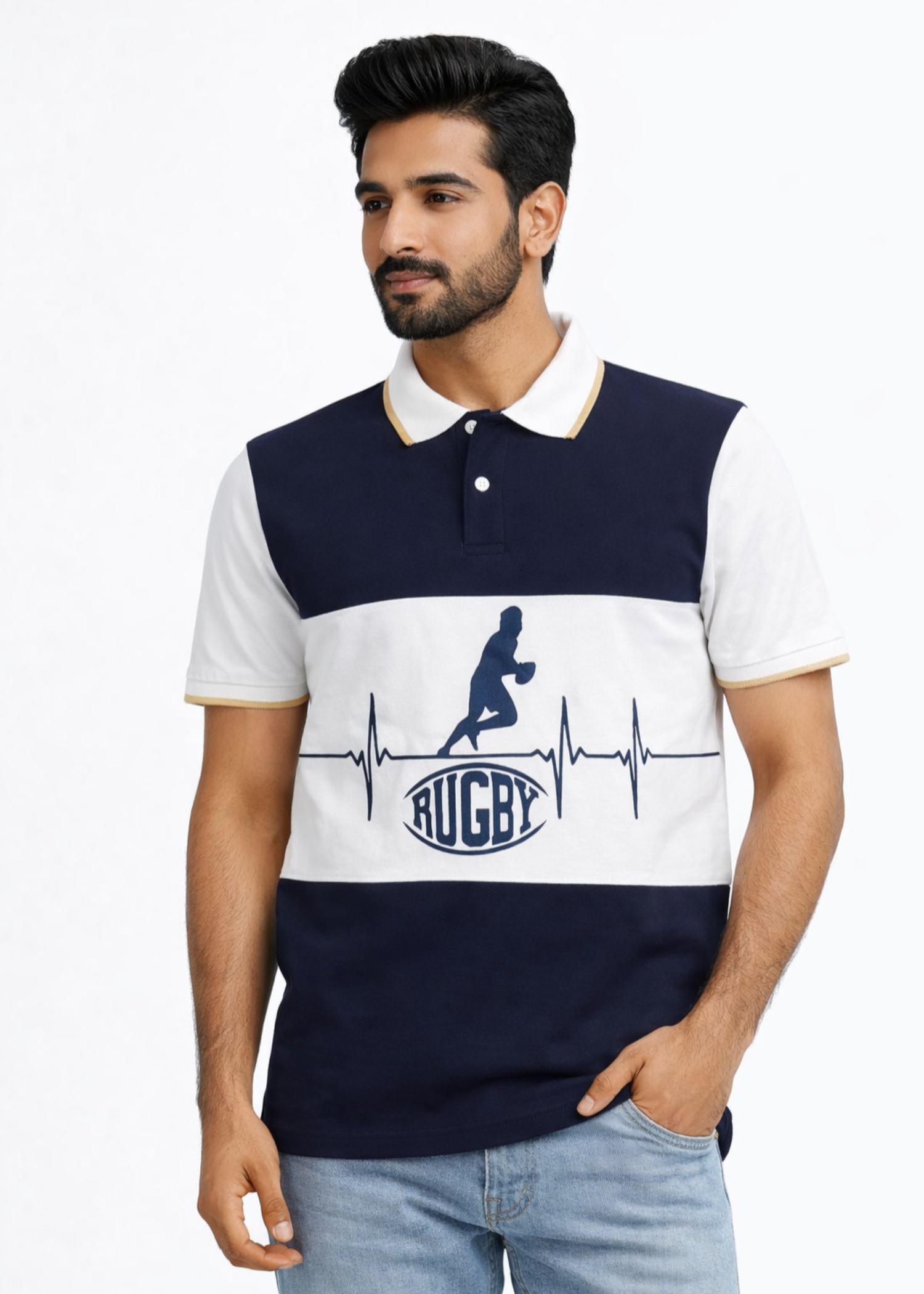 single jersey knit Polo Shirt in Dark blue, white