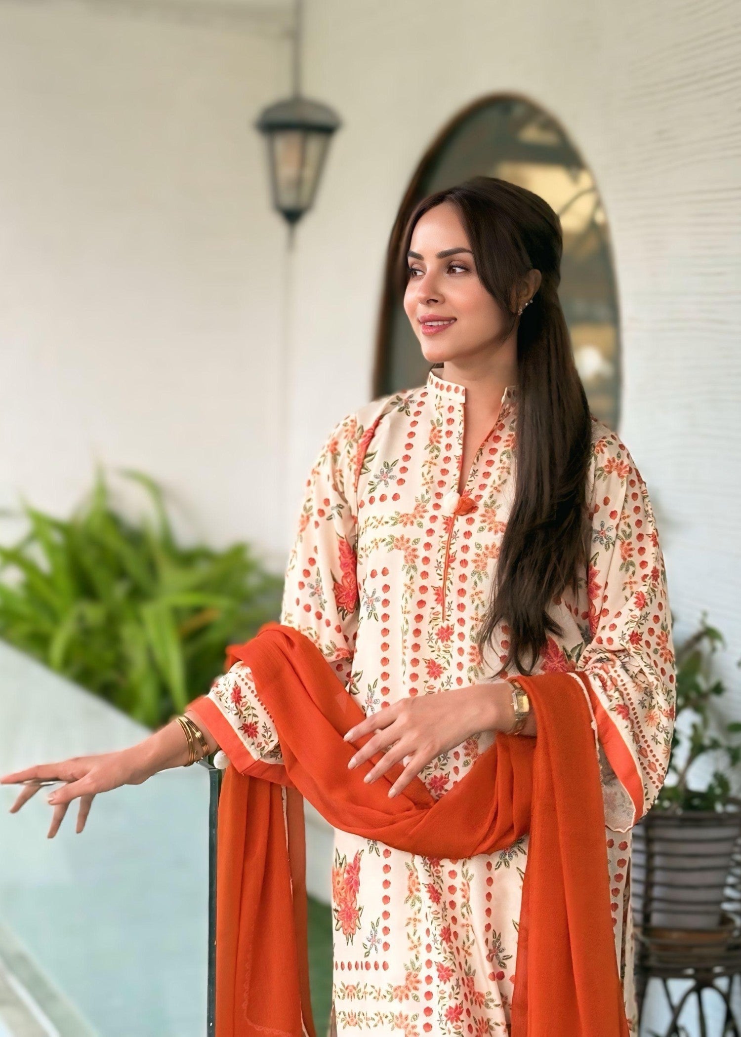 blended khaddar Co Ord Sets in Orange, beige