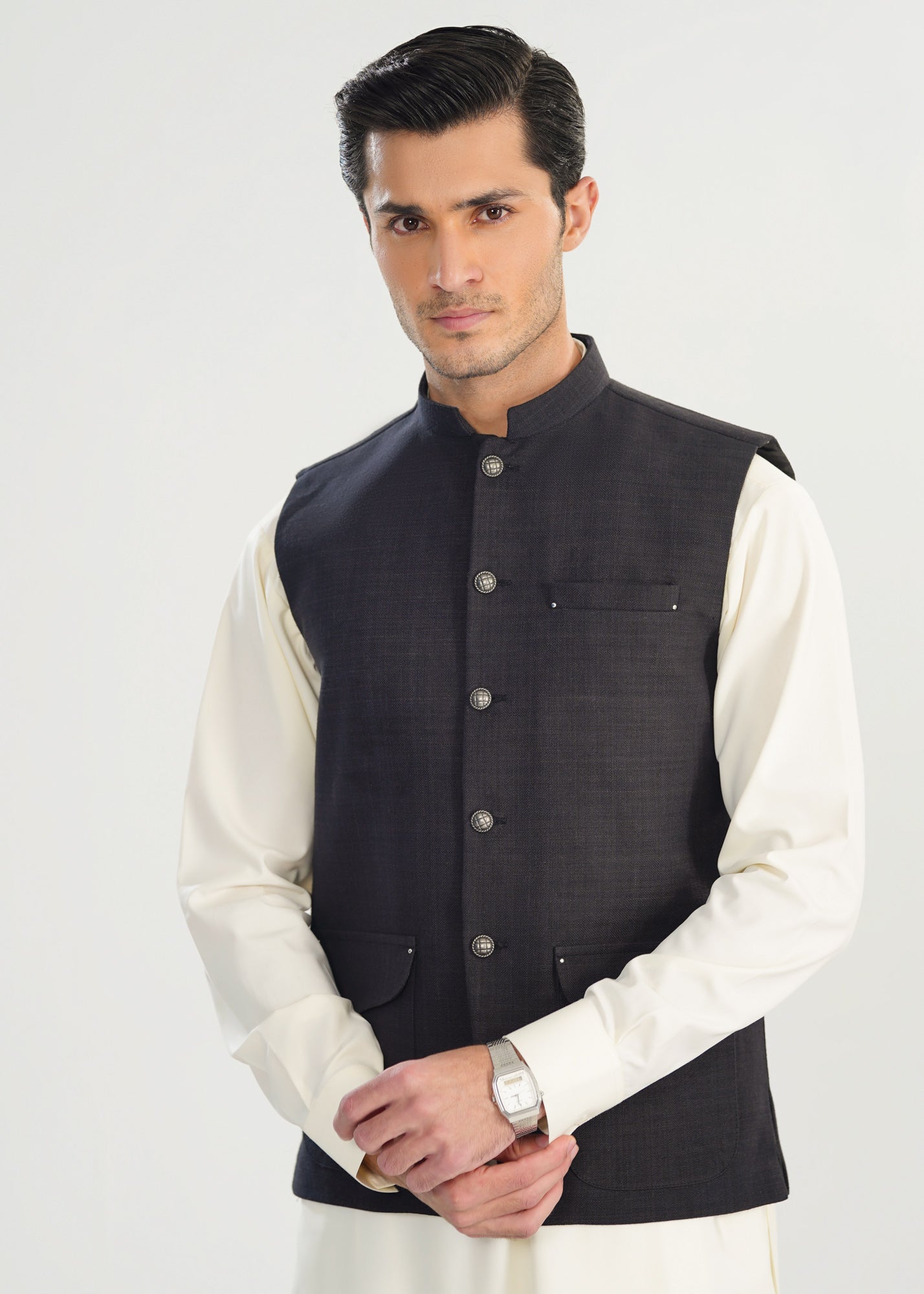 handwoven khaddar Waistcoat in Off-white, black