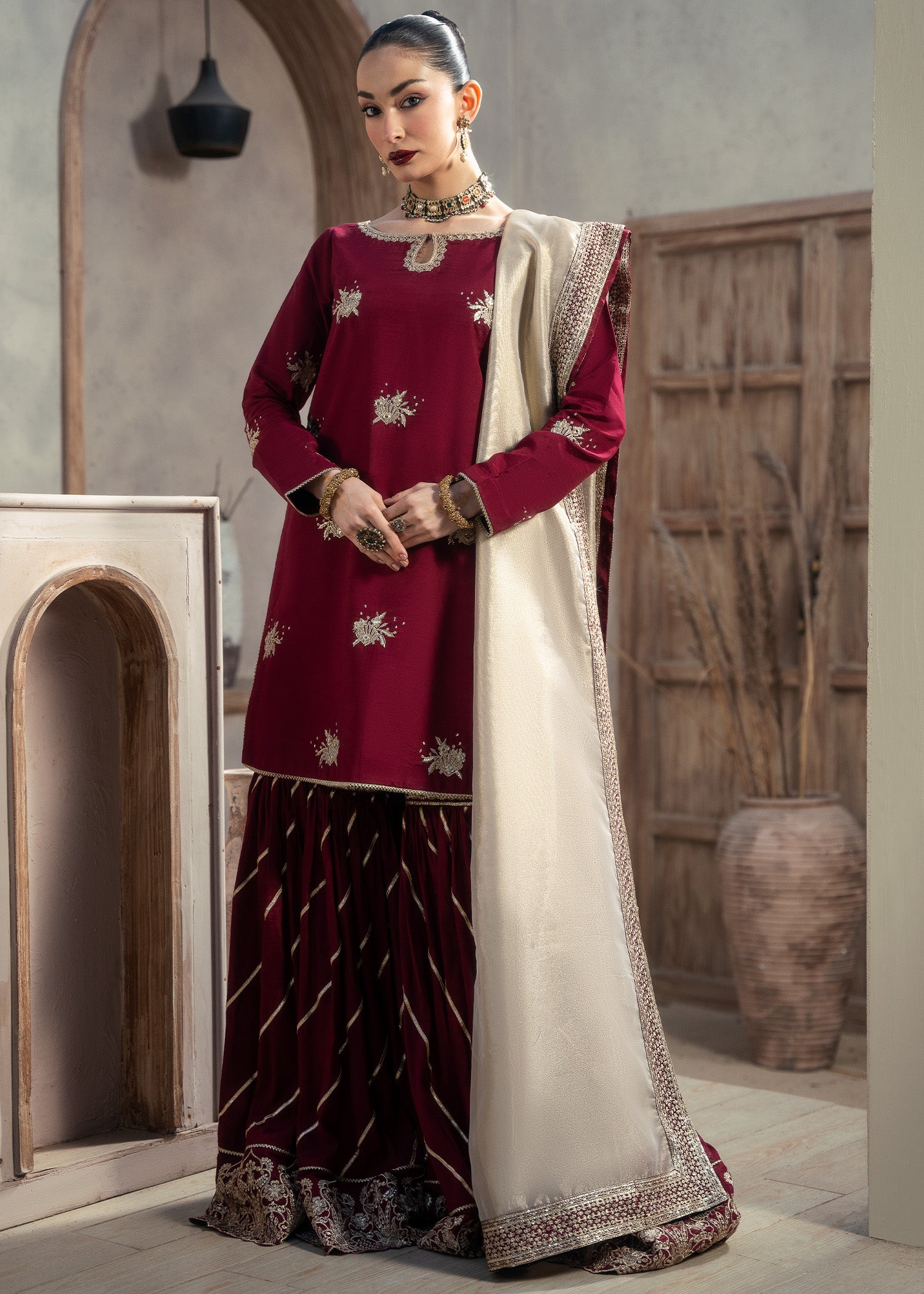 raw silk Gharara in Maroon