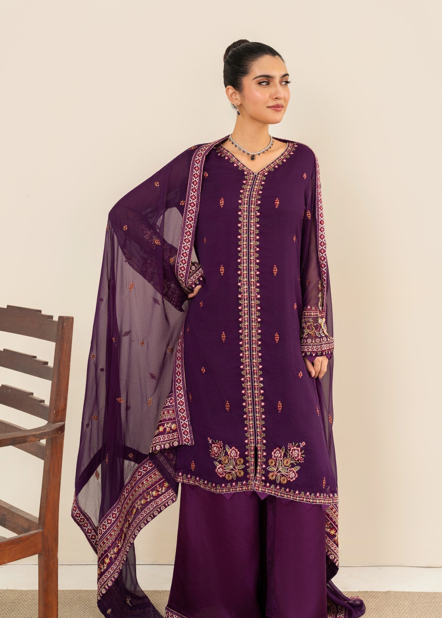 chiffon Kurta Set in Purple rain