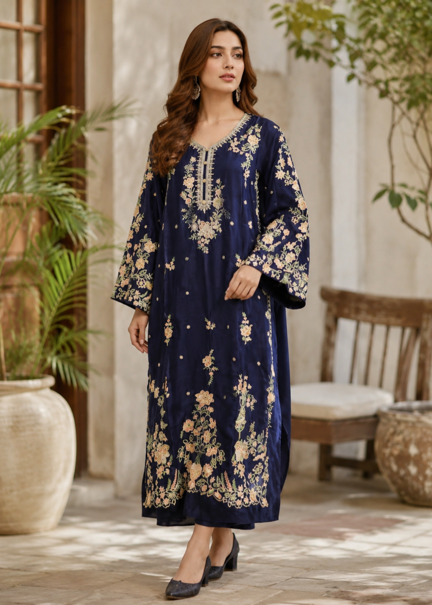 silk charmeuse Kaftan in Navy blue