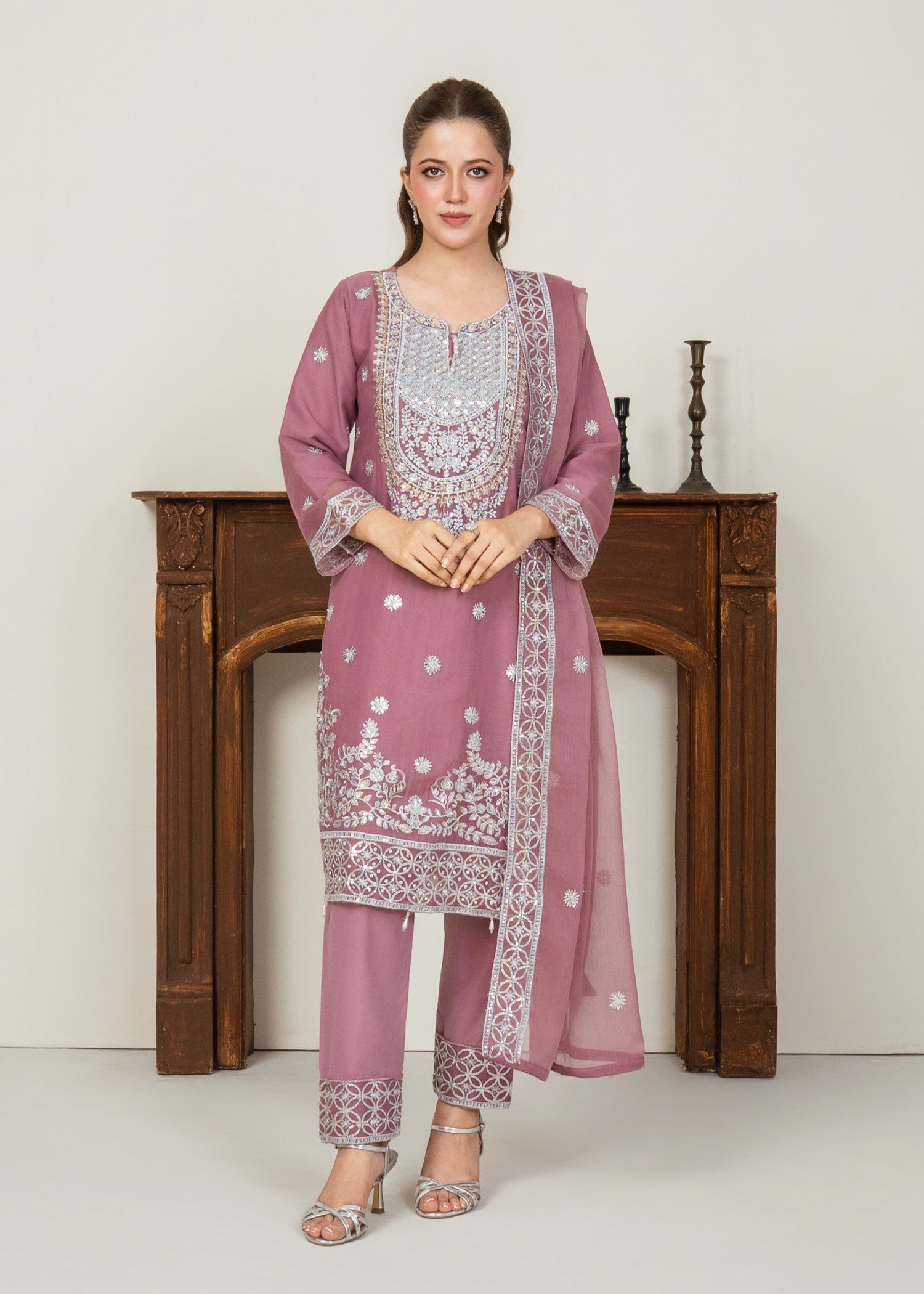 chiffon Kurta Set in Lavender pink