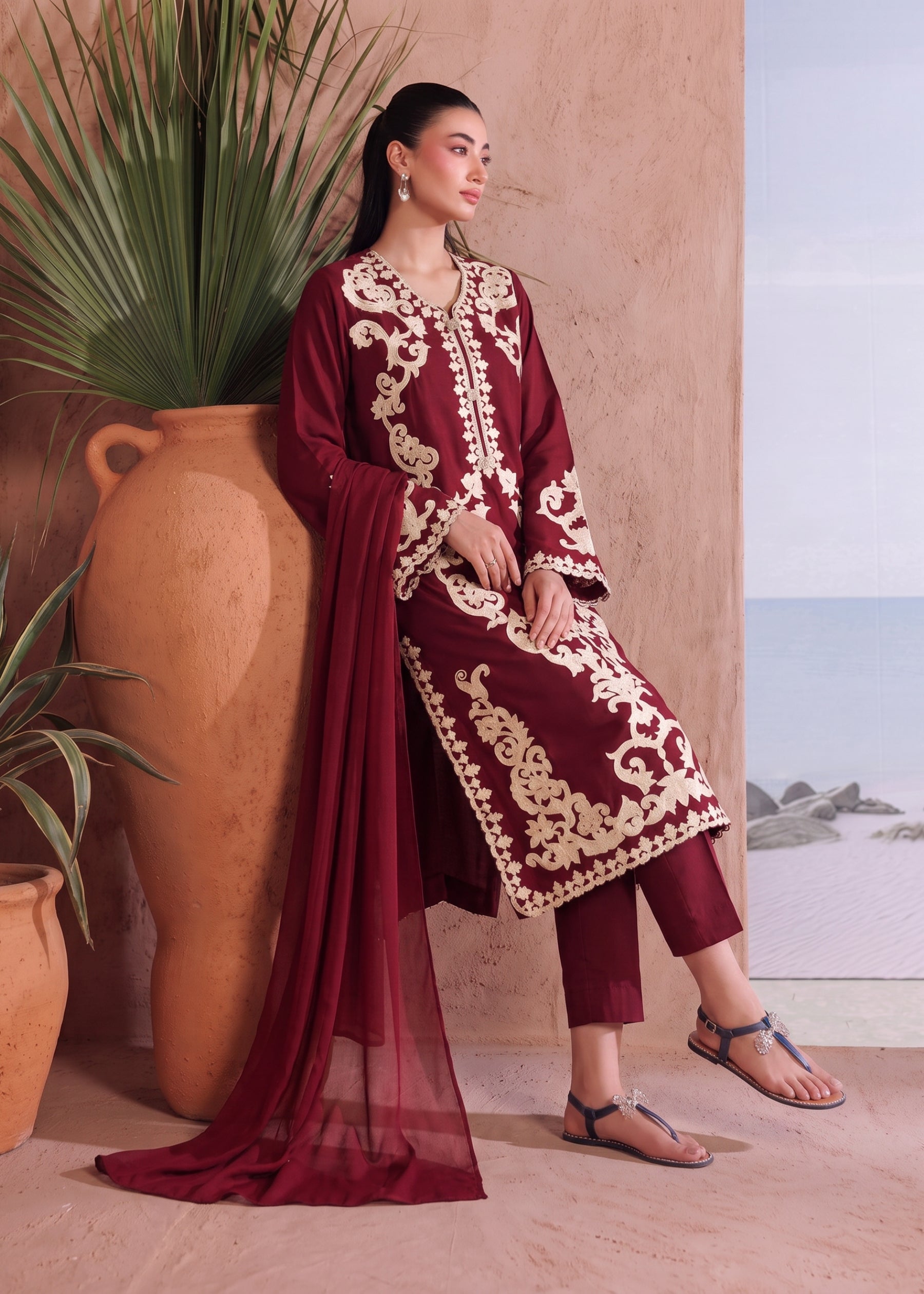 linen Kurta Set in Blood red