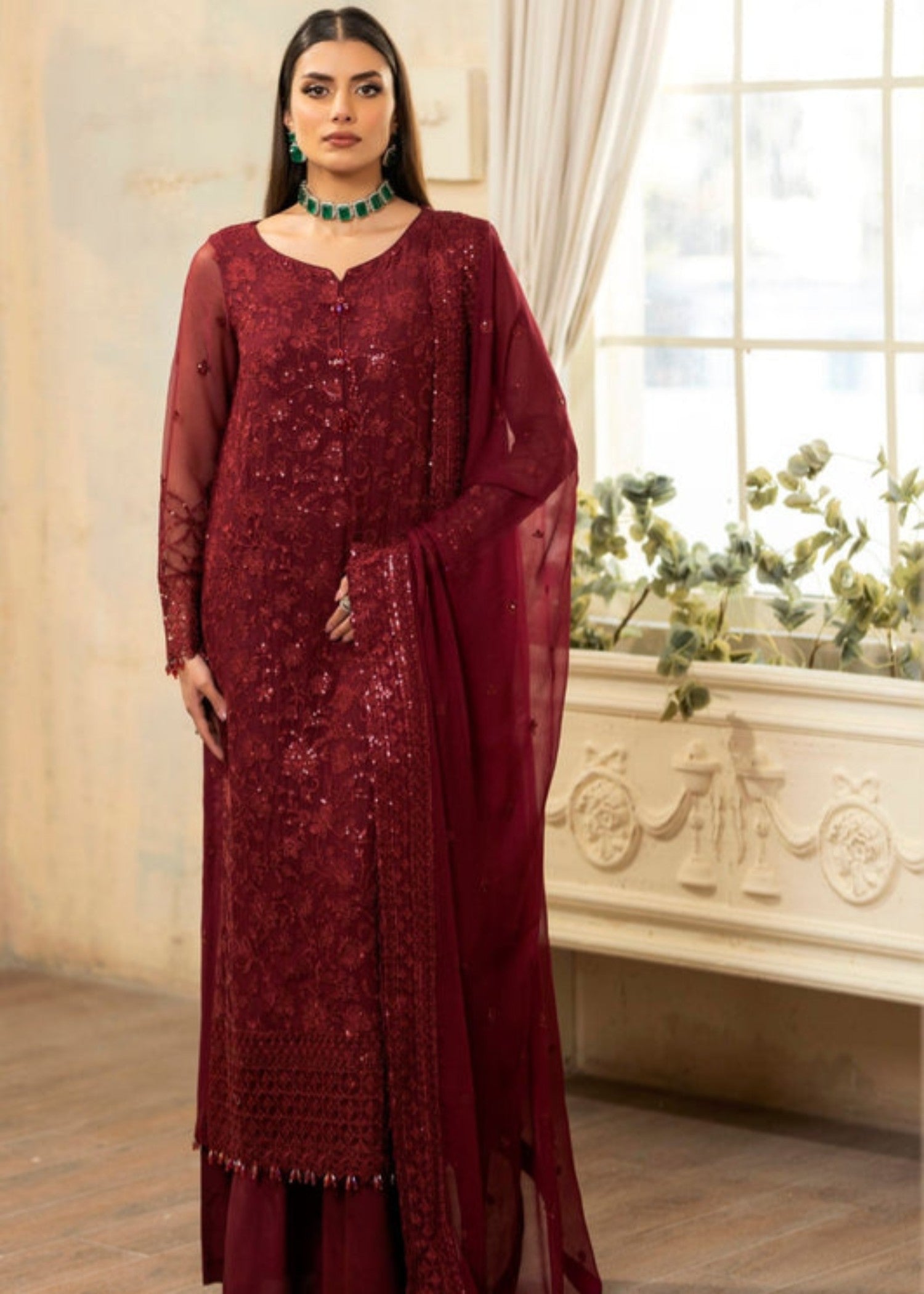 bemberg crinkle chiffon Kurta Set in Red