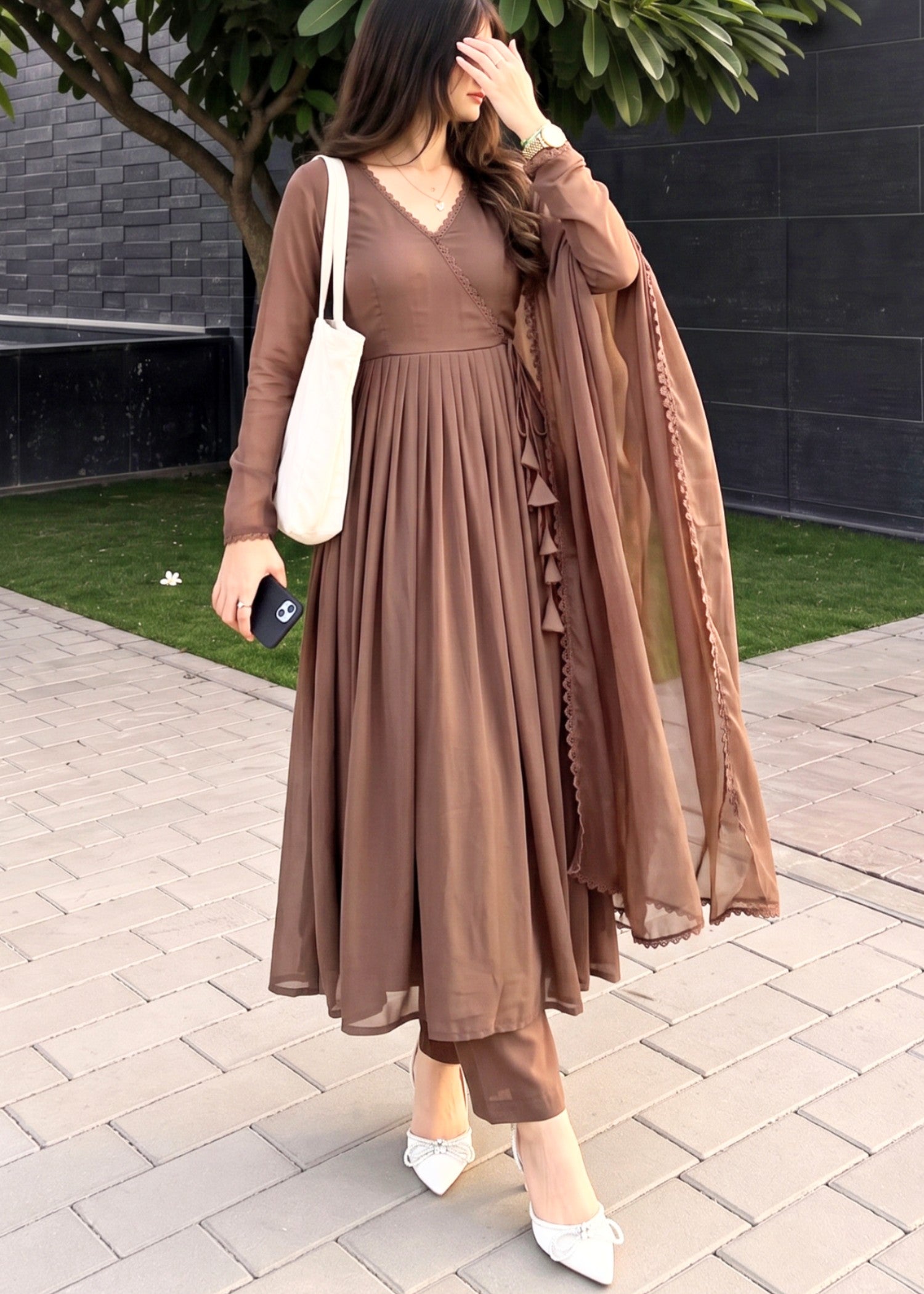 chiffon Angrakha in Mocha brown