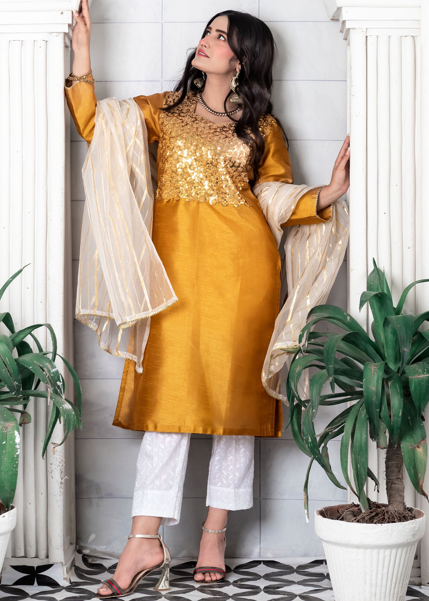 silk Kurta Set in Bronze orange