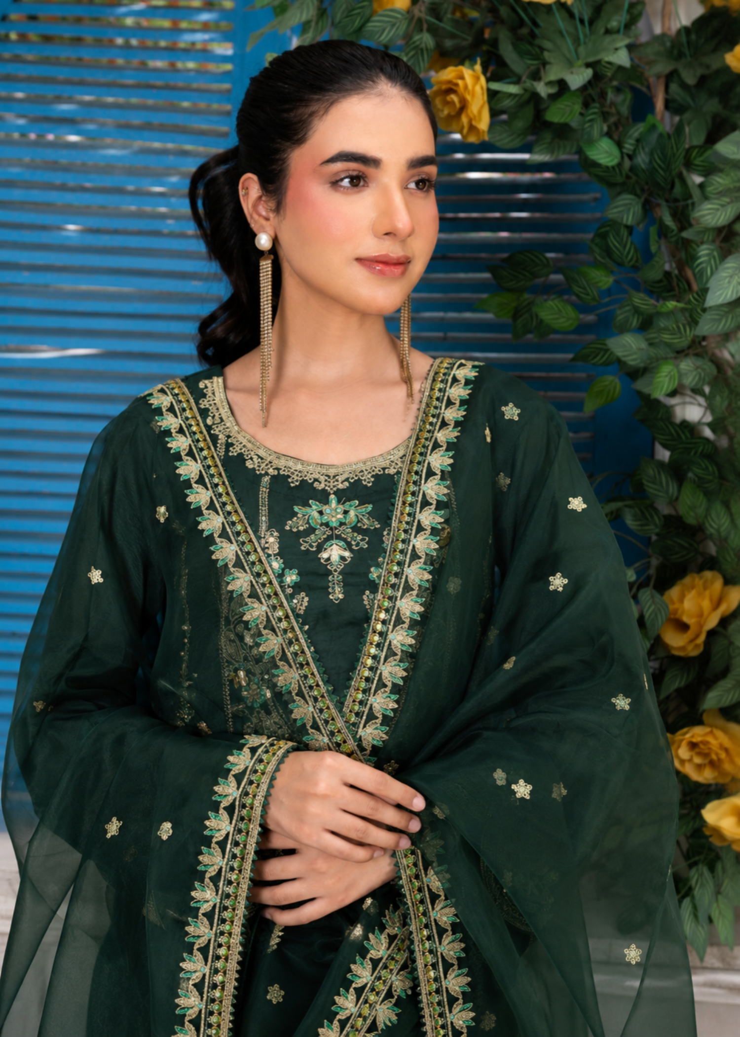 silk Kurta Set in Bottle green