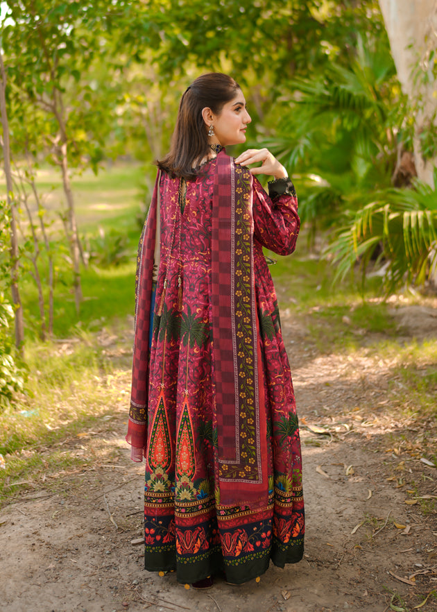 poly lawn Anarkali in Blood red, tomato red, fire red