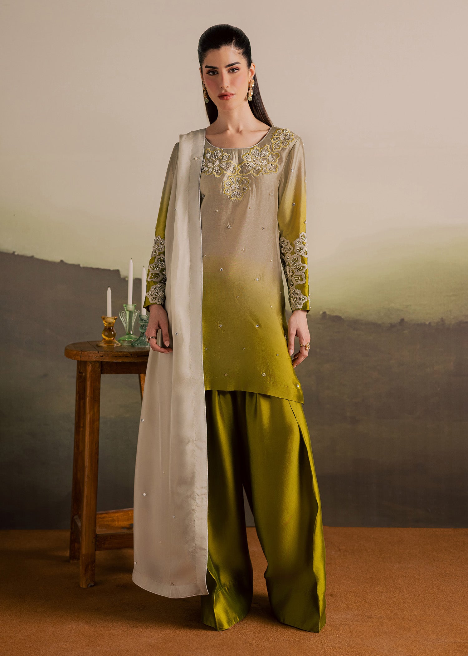 tussar silk Kurta Set in Olive green