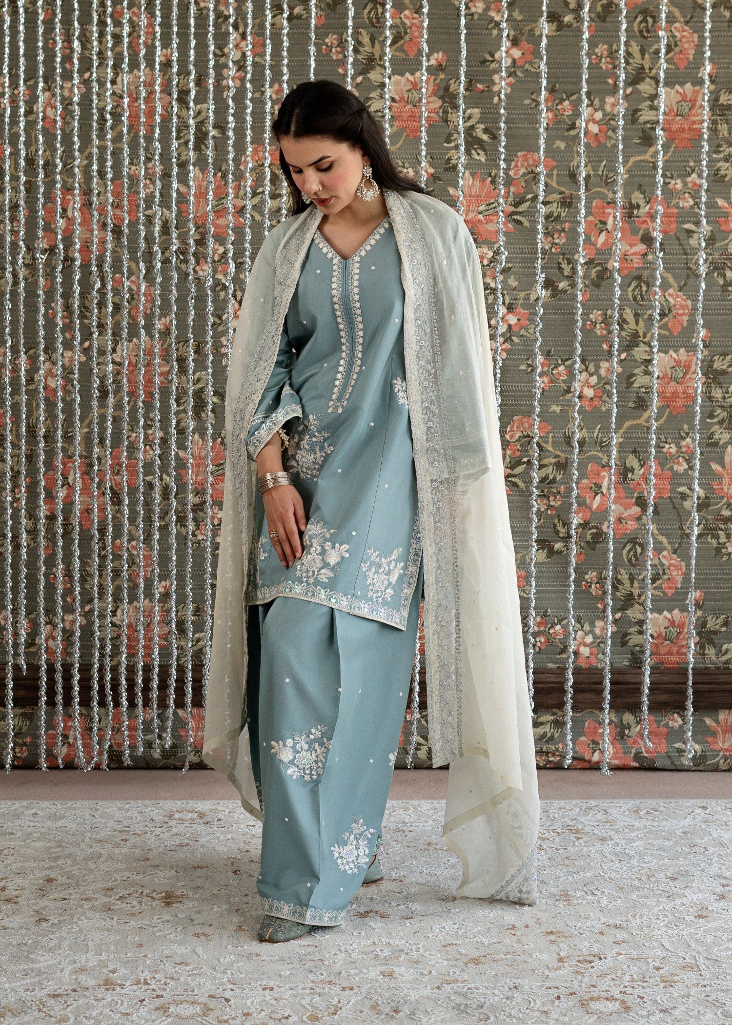 lawn Kurta Set in Off-white, light blue