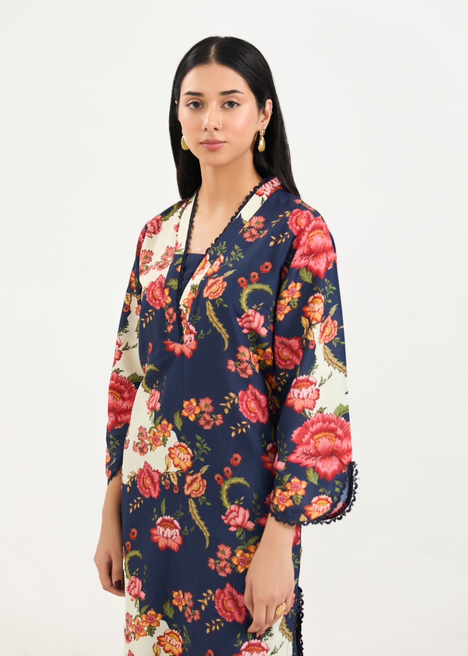silk finish lawn Kurta Set in Navy blue