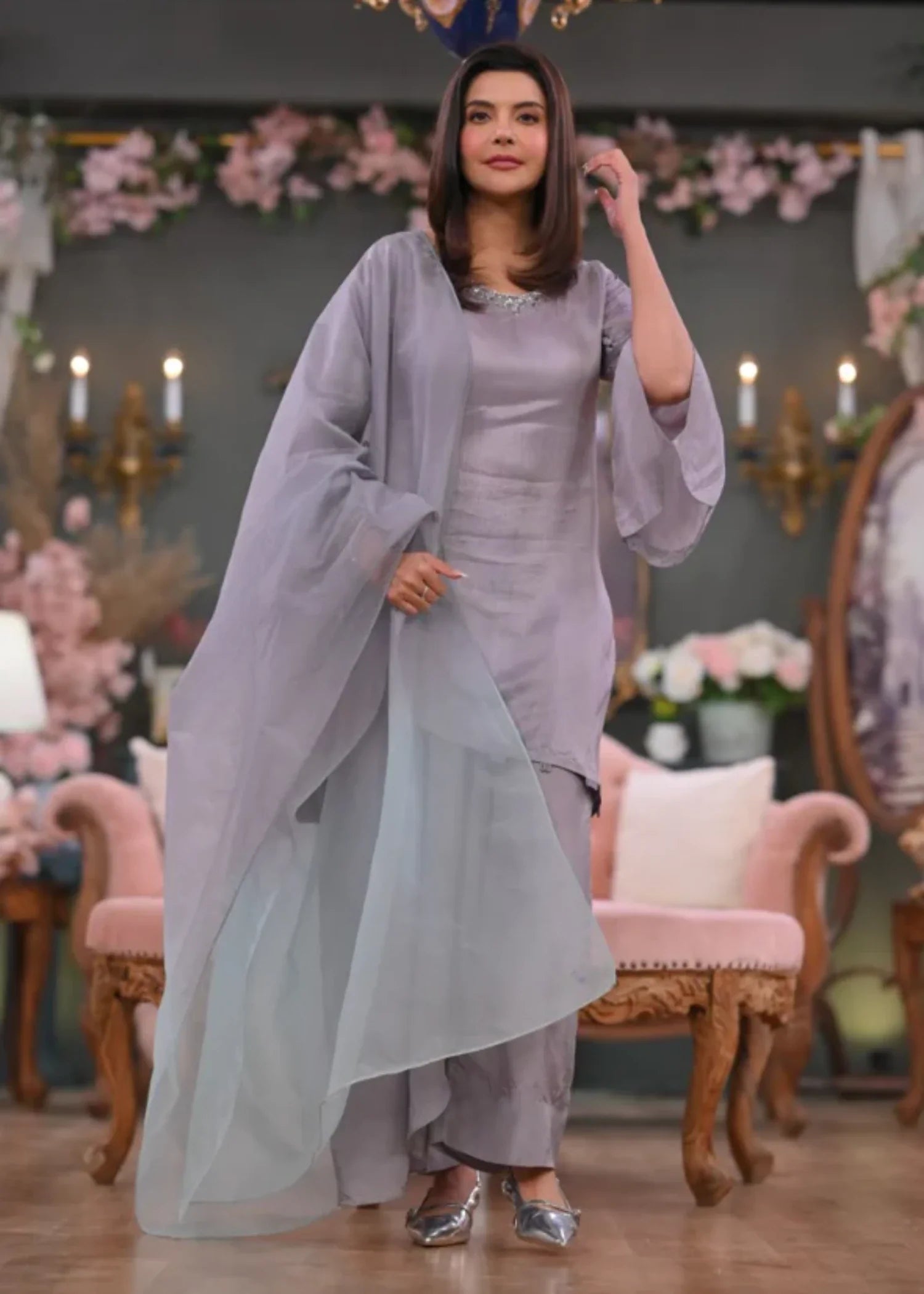 tissue silk Kurta Set in Grey