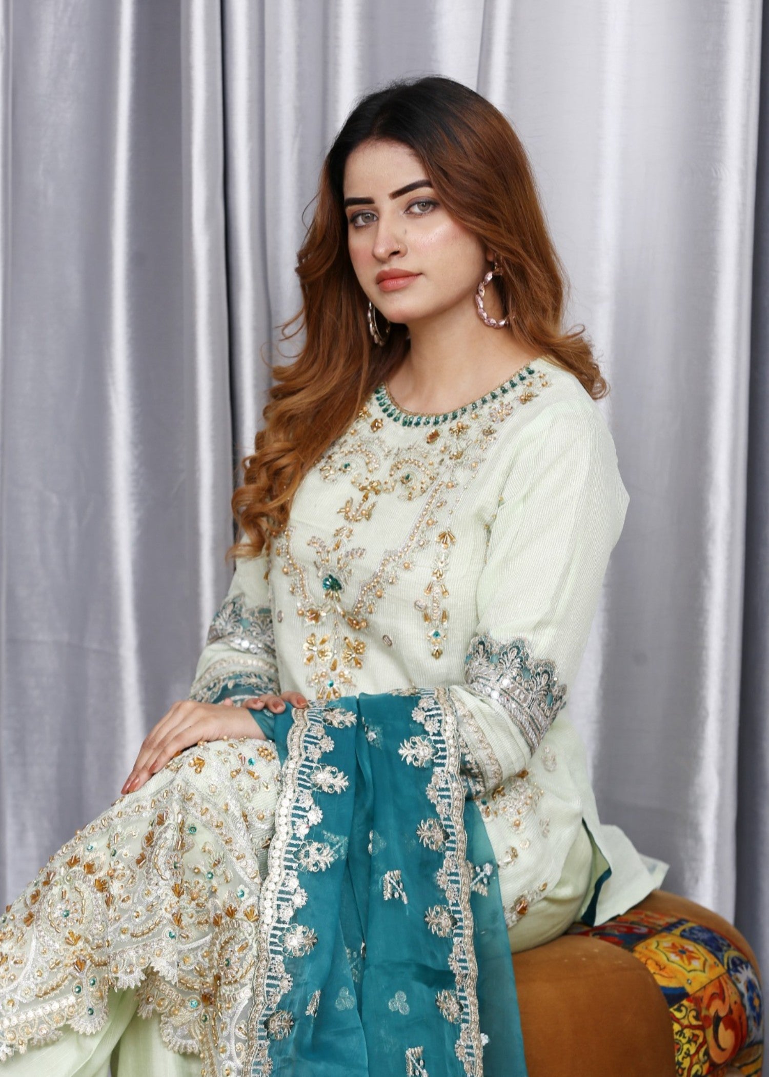 organza Kurta Set in Moss green