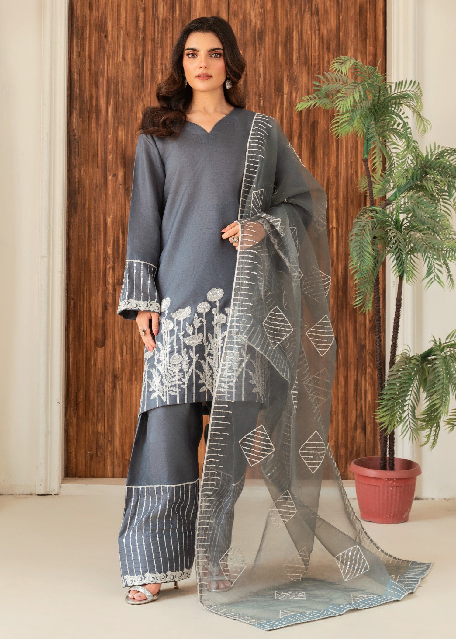 kattan silk Kurta Set in Steal grey