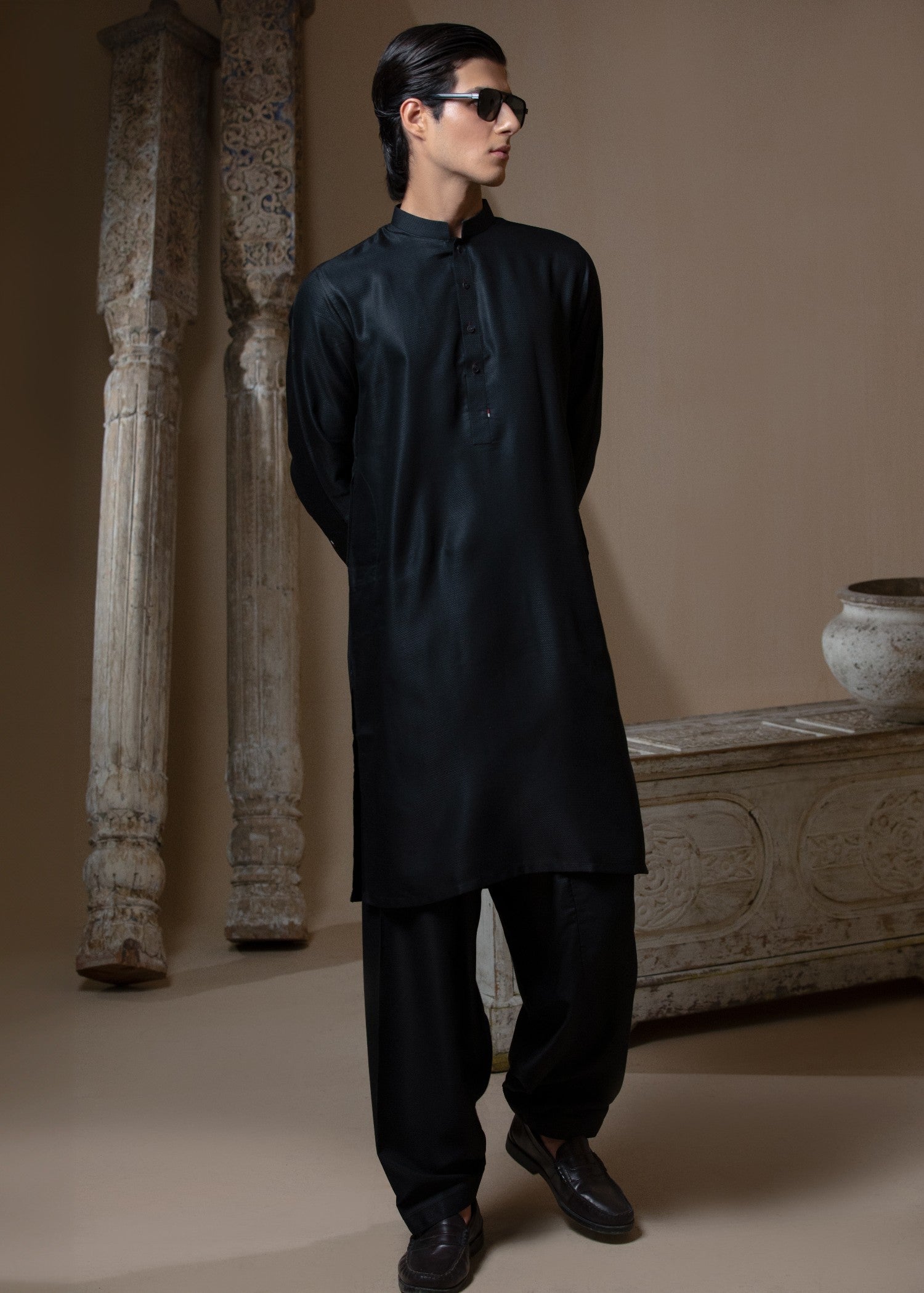 textured wash & wear Shalwar Kameez in Black