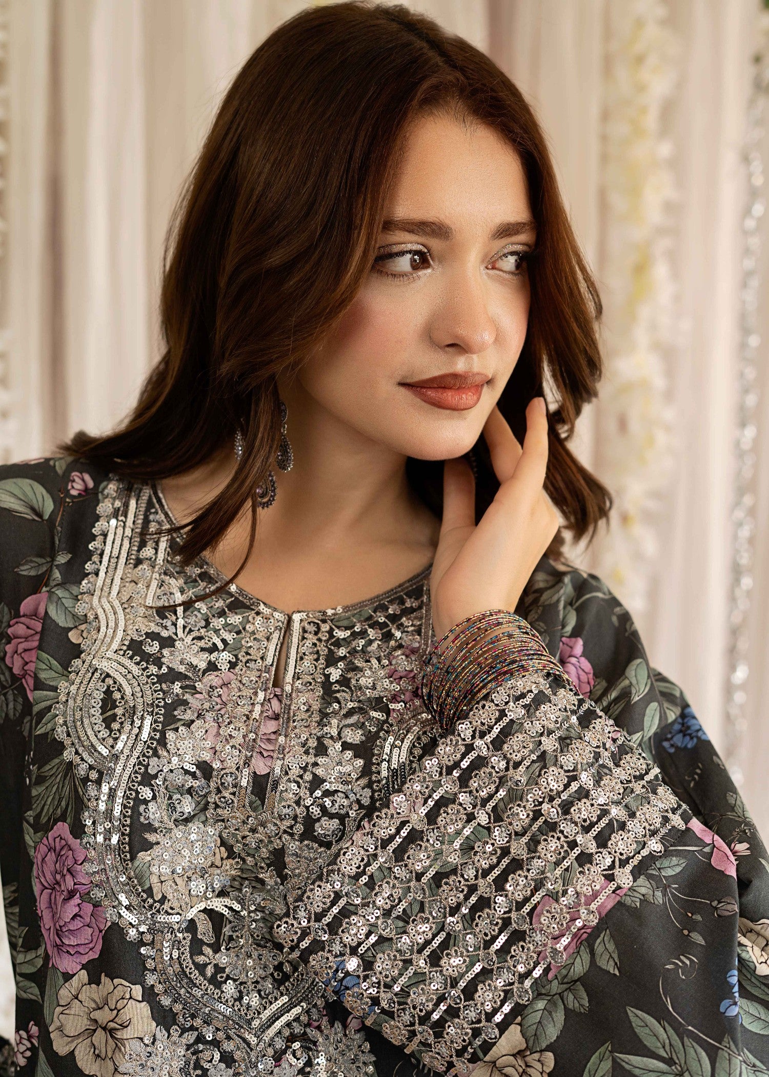 lawn Kurta Set in Charcoal black