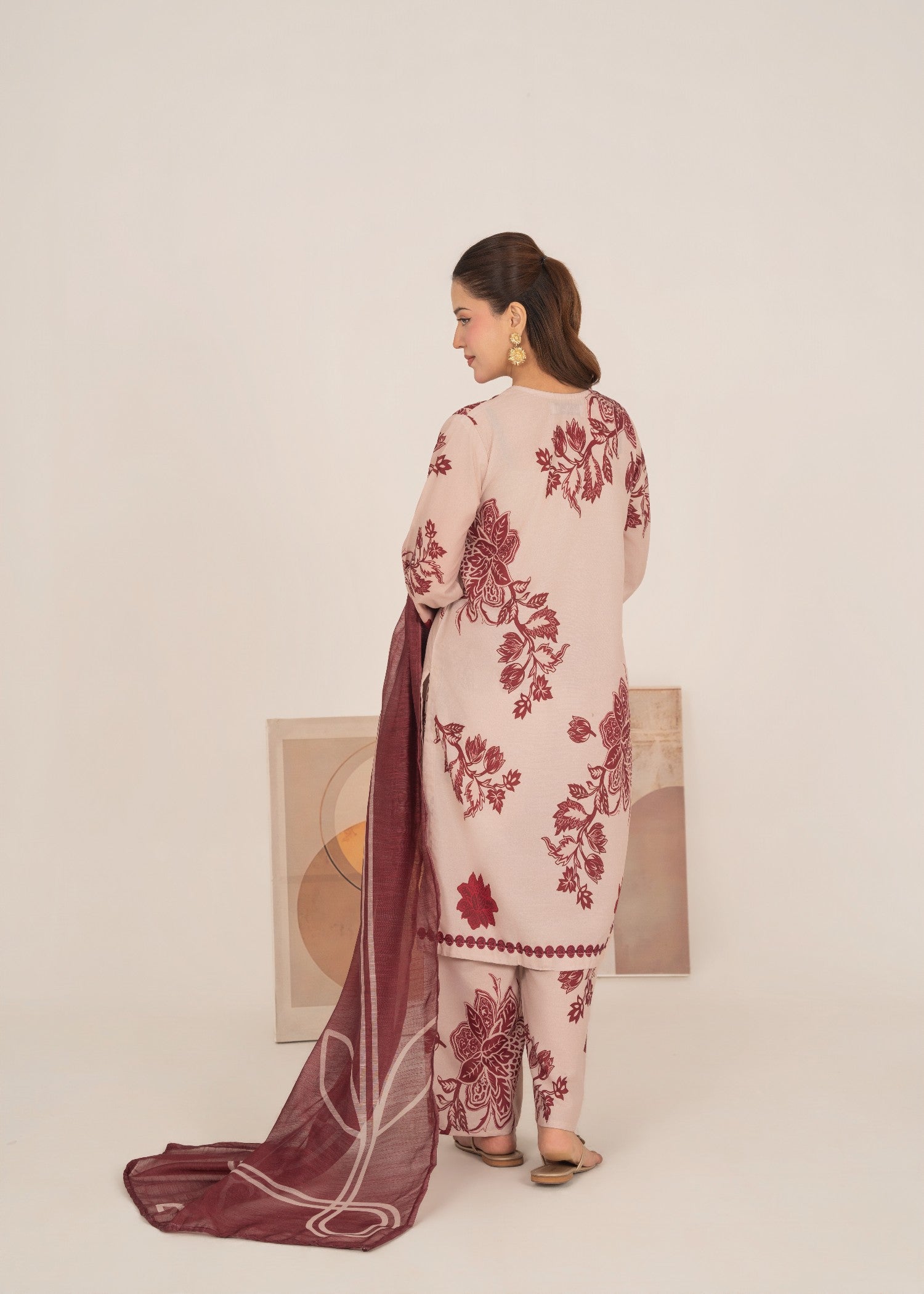 poly lawn Kurta Set in Maroon, cream