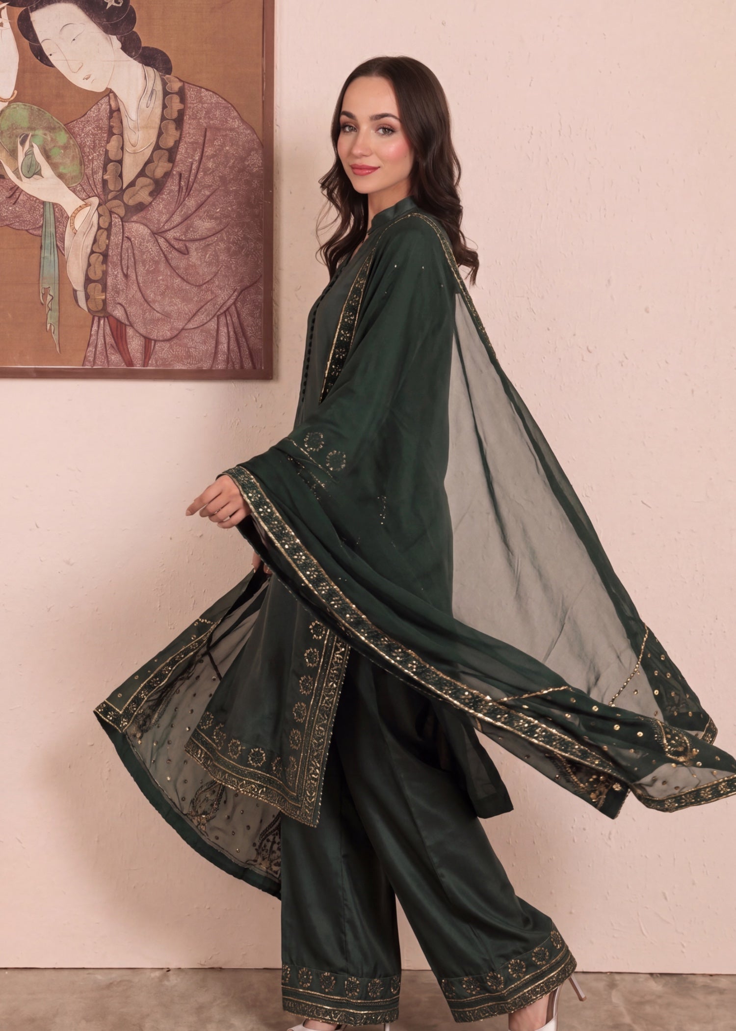 kattan silk Kurta Set in Dark green
