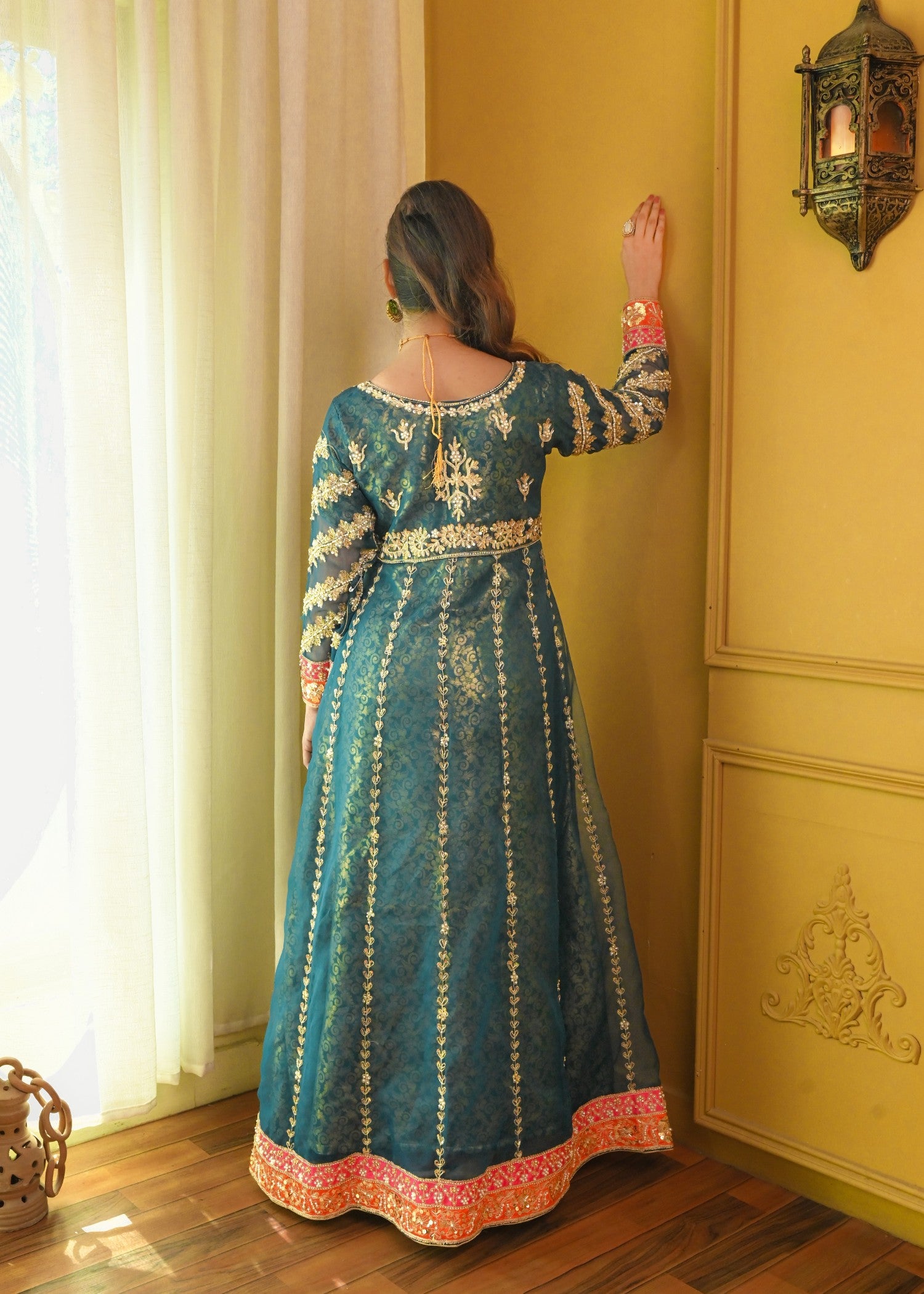 zari embroidered organza Pishwas in Teal