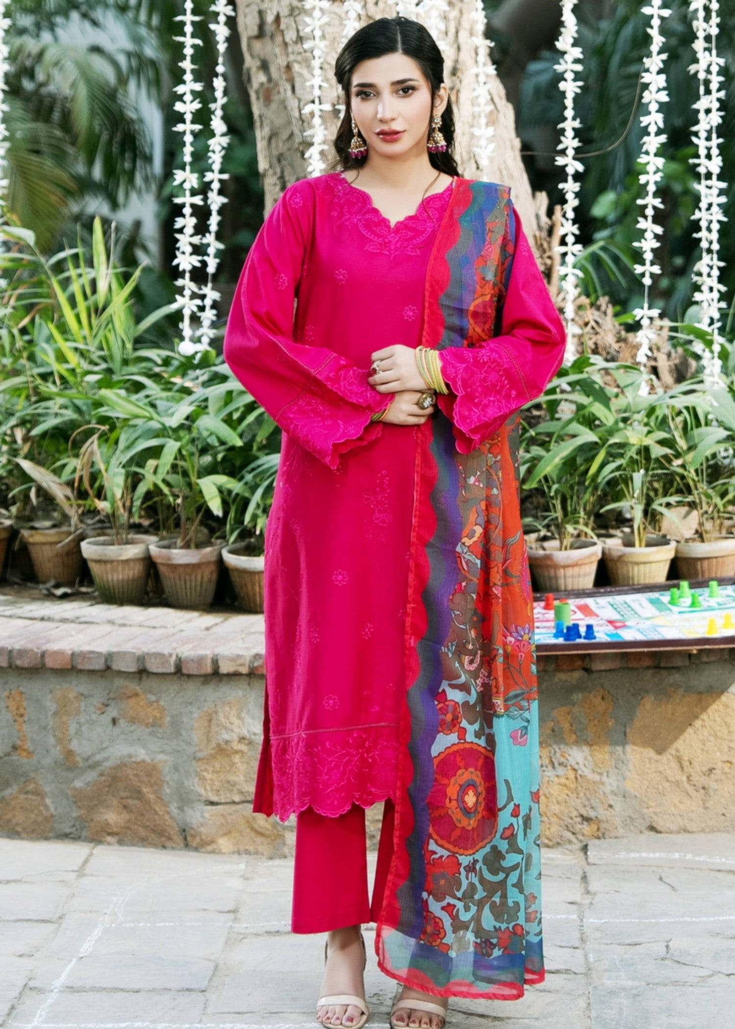 cotton Kurta Set in Shocking pink