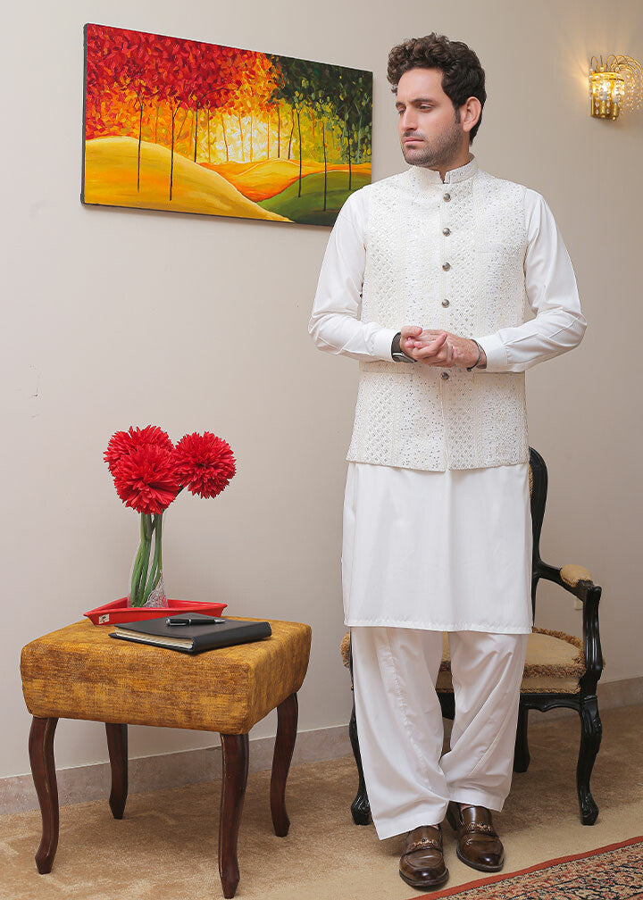 banarsi silk Waistcoat in Off-white