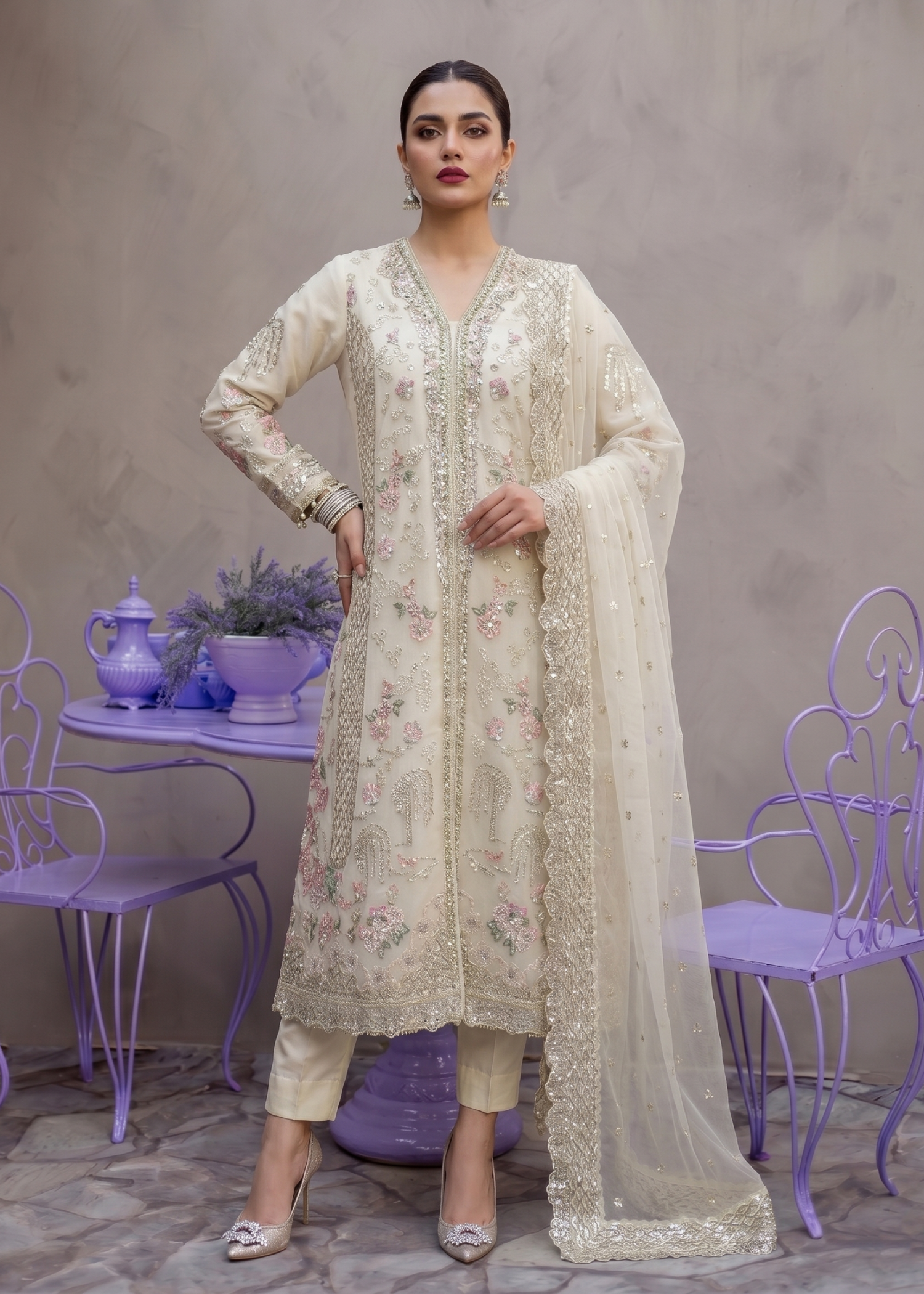 organza Kurta Set in Off-white