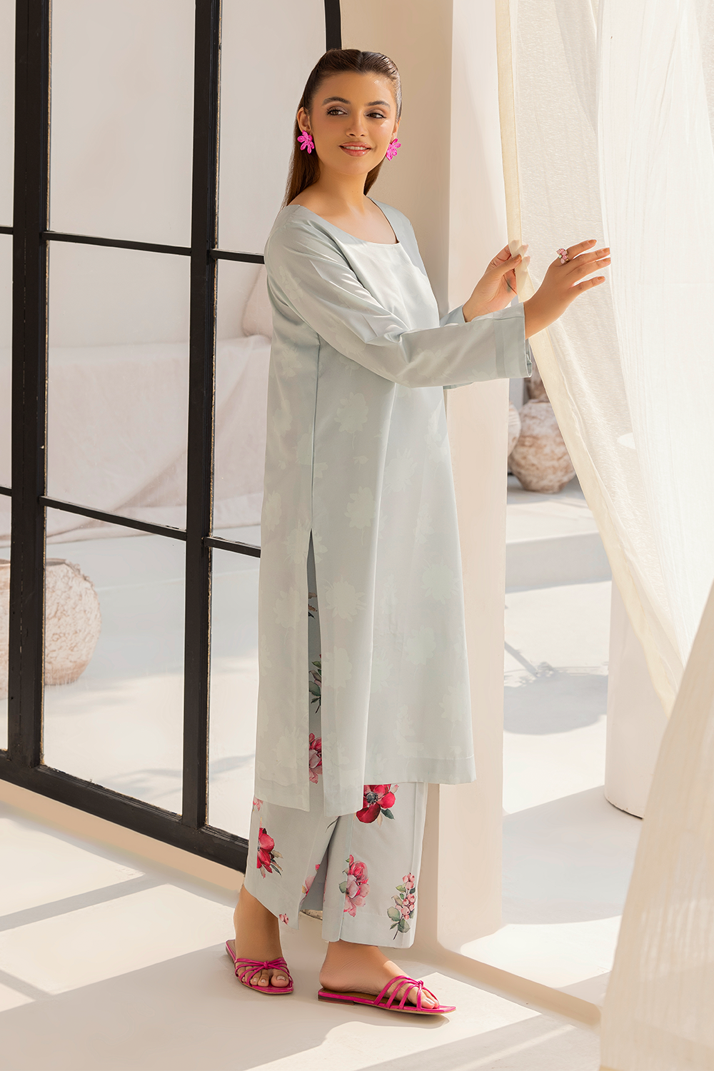 crepe Kurta Set in Light blue