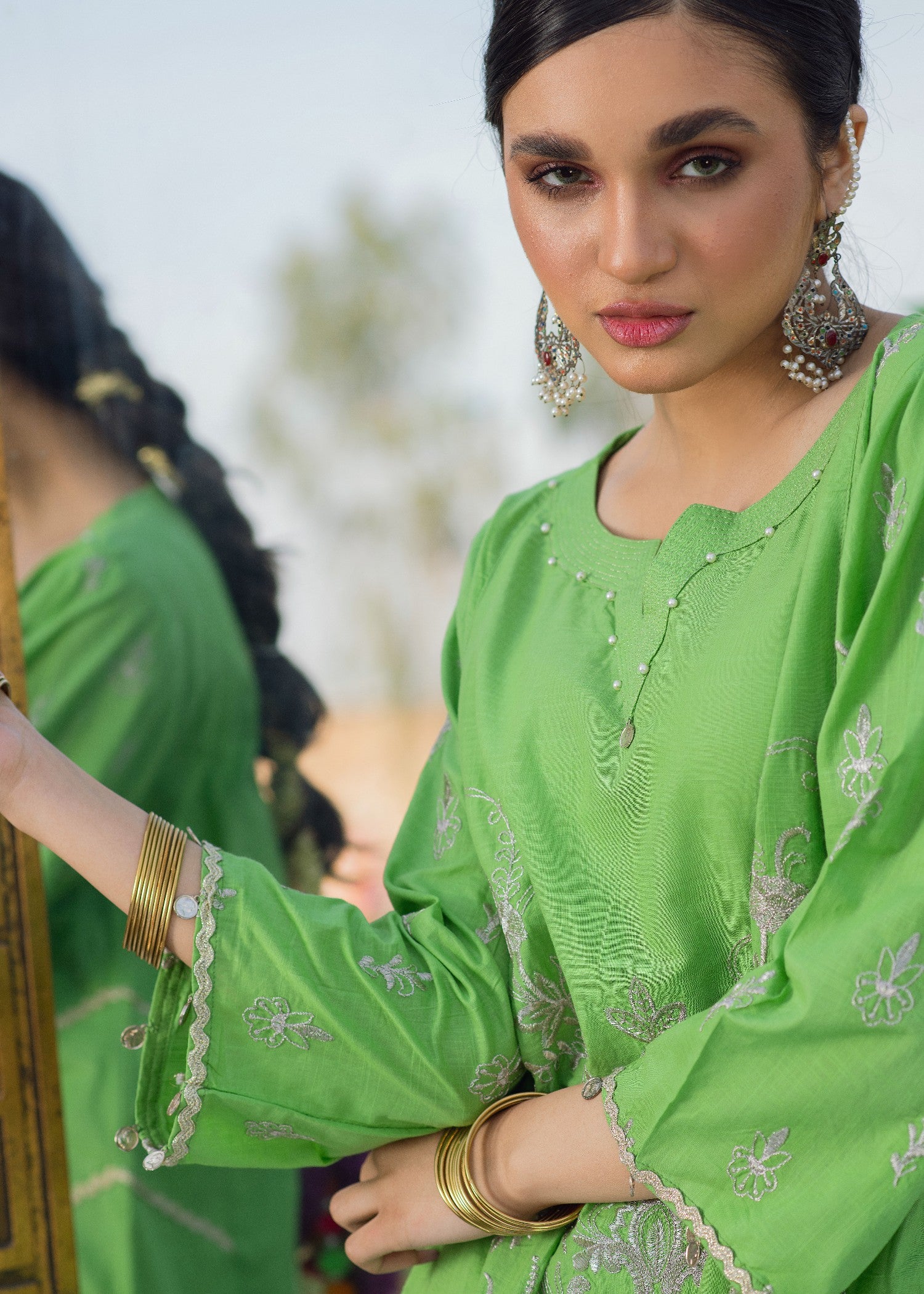 slub lawn Kurti in Herb green