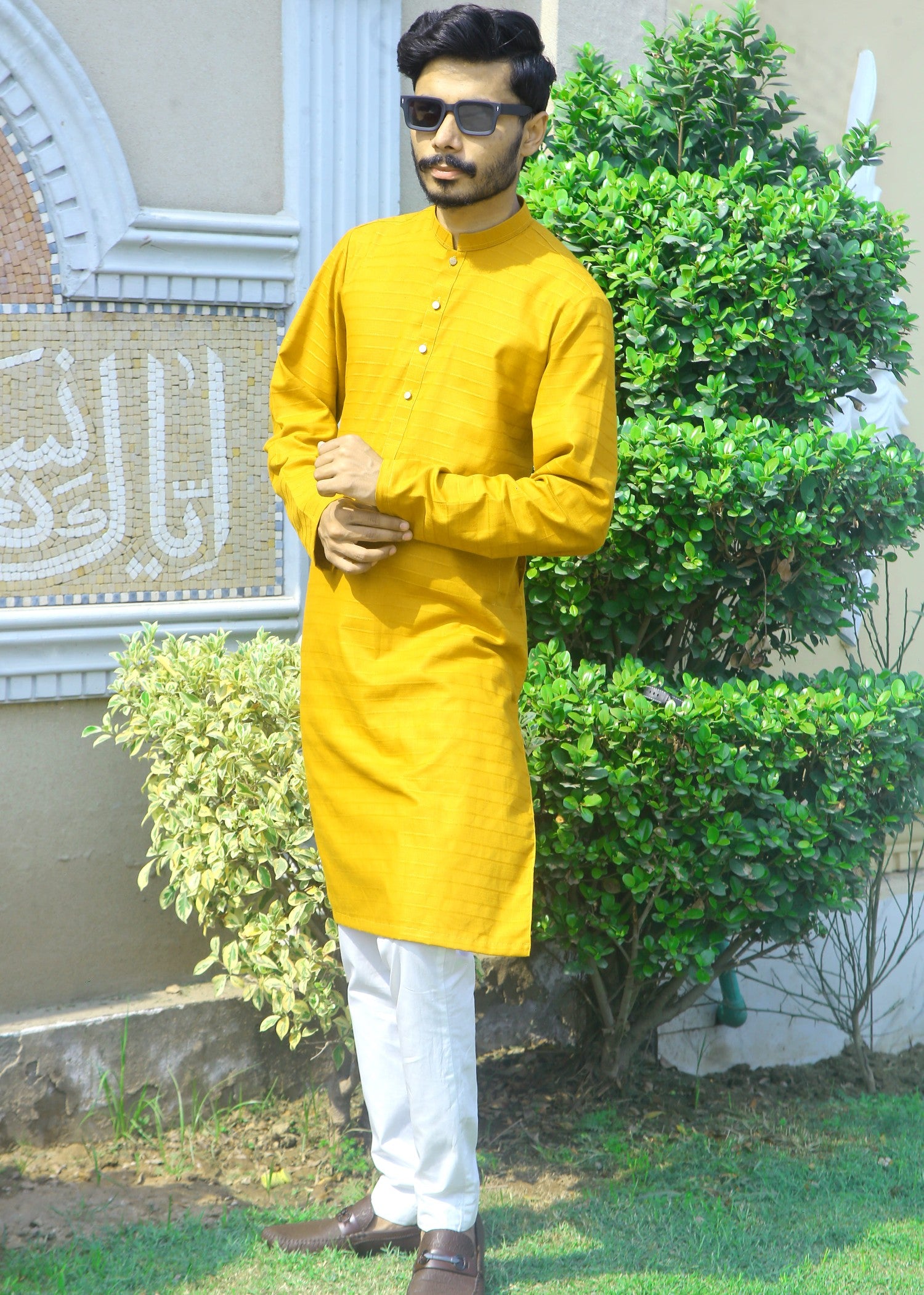 cotton jacquard Kurta in Mustard