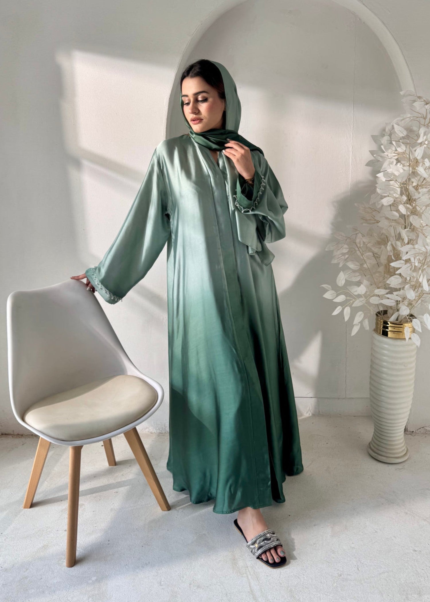 silk Abaya in Pine green